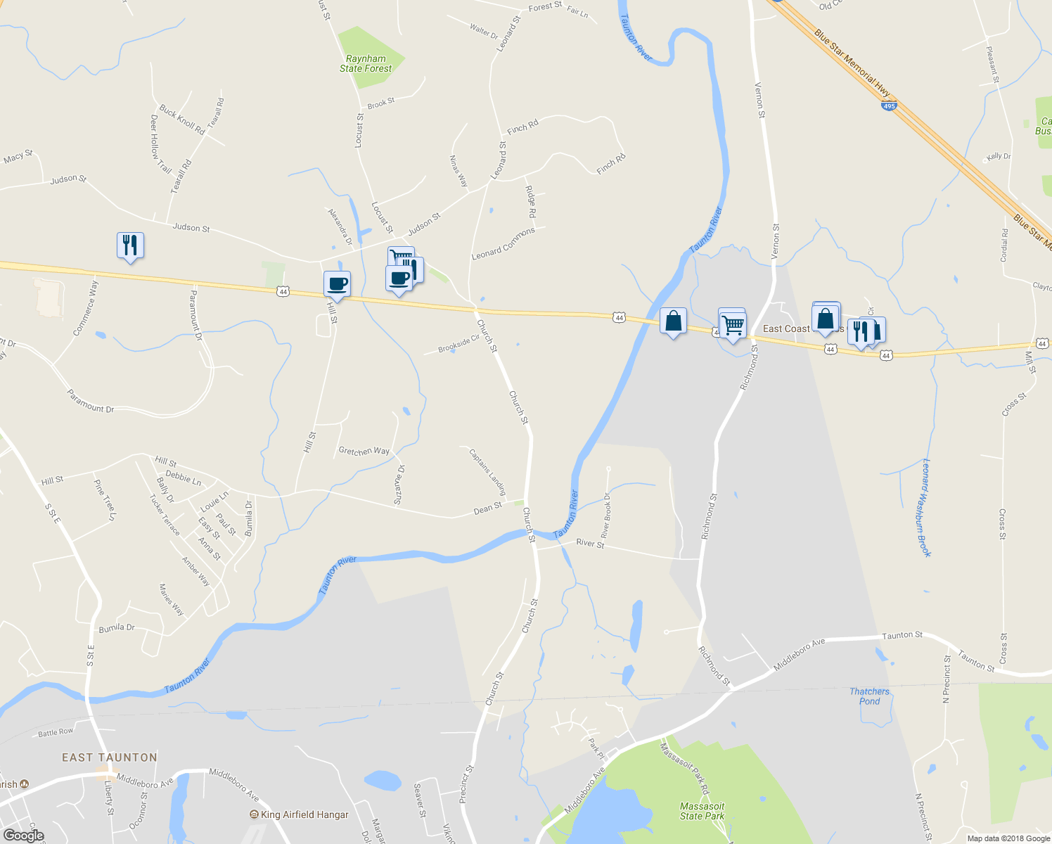 map of restaurants, bars, coffee shops, grocery stores, and more near 535 Church Street in Raynham