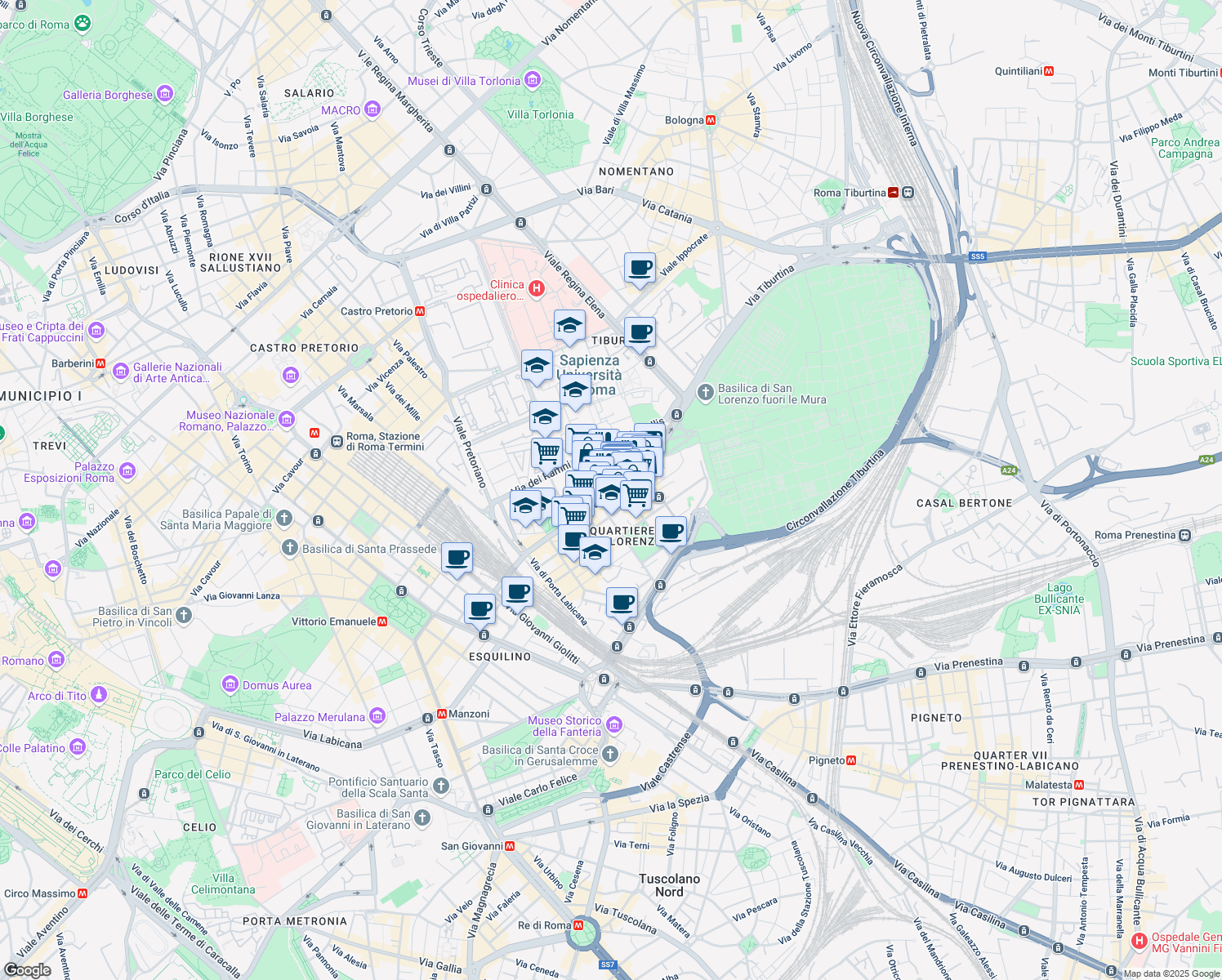 map of restaurants, bars, coffee shops, grocery stores, and more near 171 Via Tiburtina in Roma