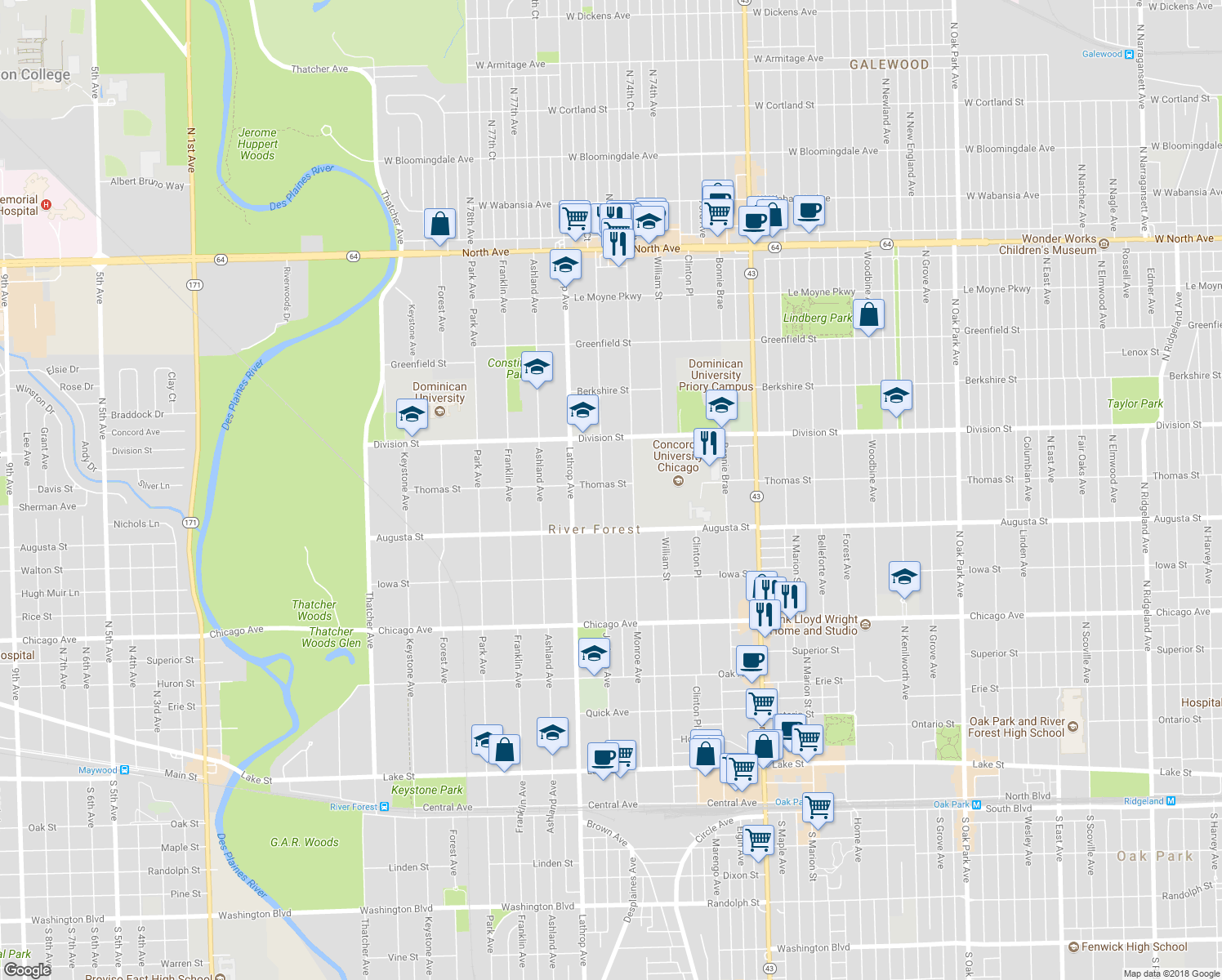 map of restaurants, bars, coffee shops, grocery stores, and more near 1045 Jackson Avenue in River Forest