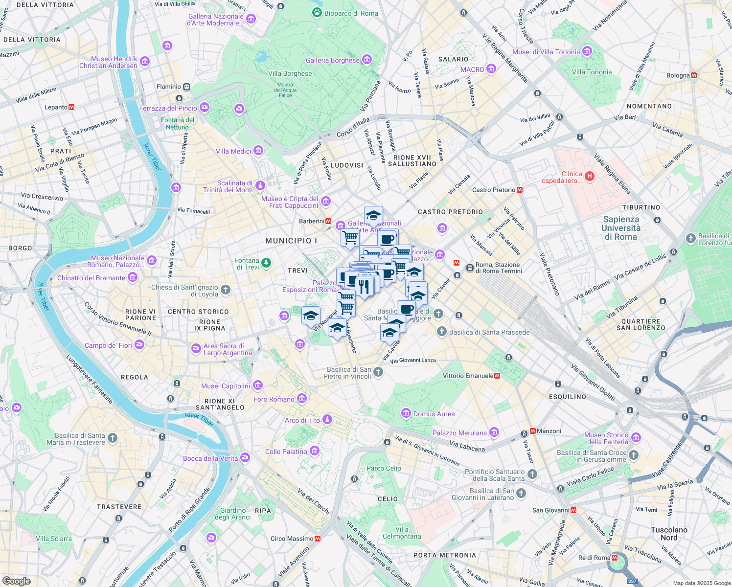 map of restaurants, bars, coffee shops, grocery stores, and more near 16 Via Genova in Roma