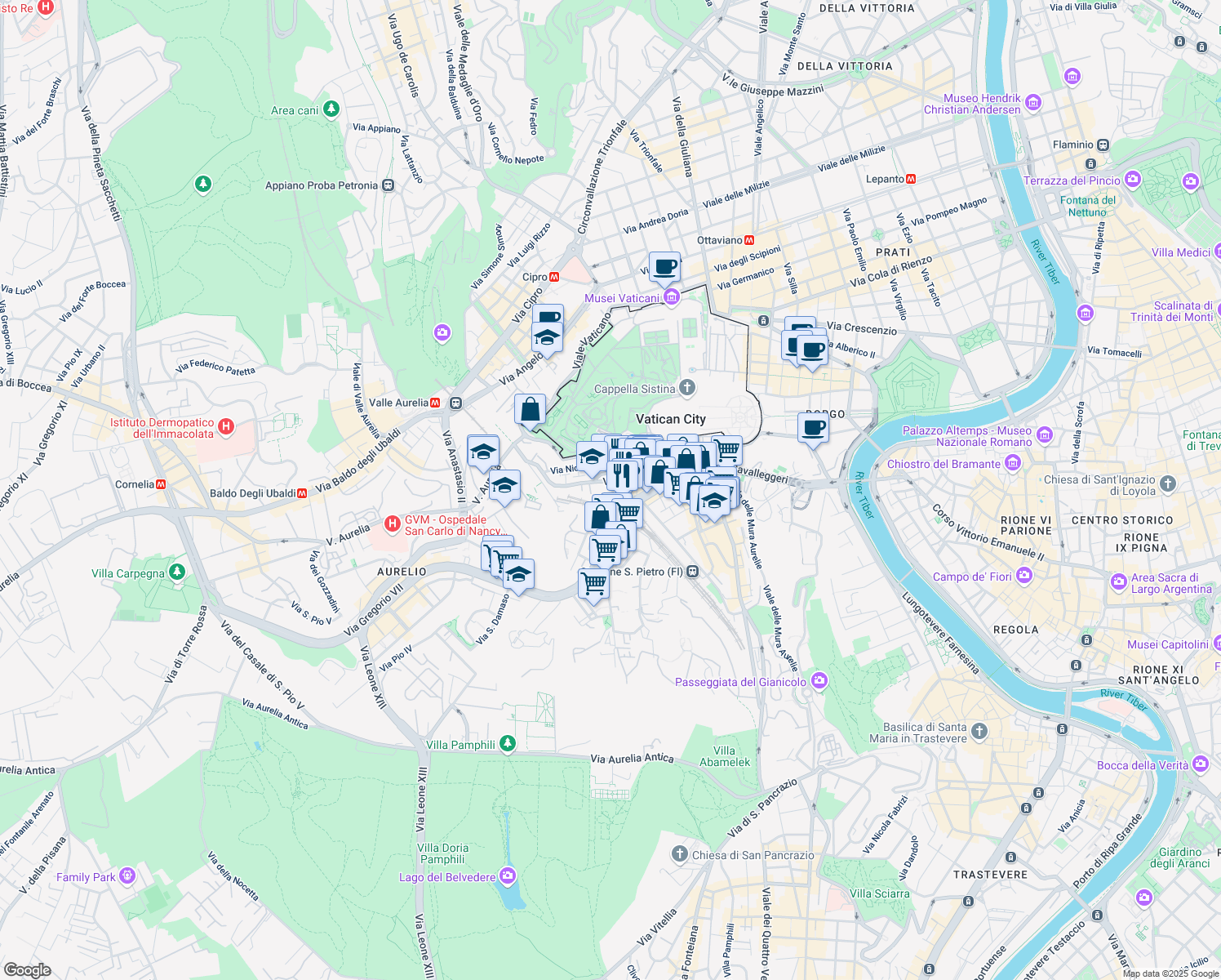 map of restaurants, bars, coffee shops, grocery stores, and more near 113 Via Aurelia in Rome