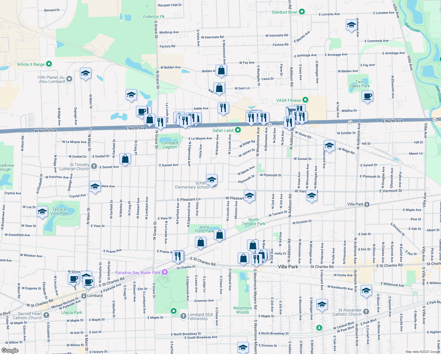 map of restaurants, bars, coffee shops, grocery stores, and more near 512 Westwood Avenue in Lombard
