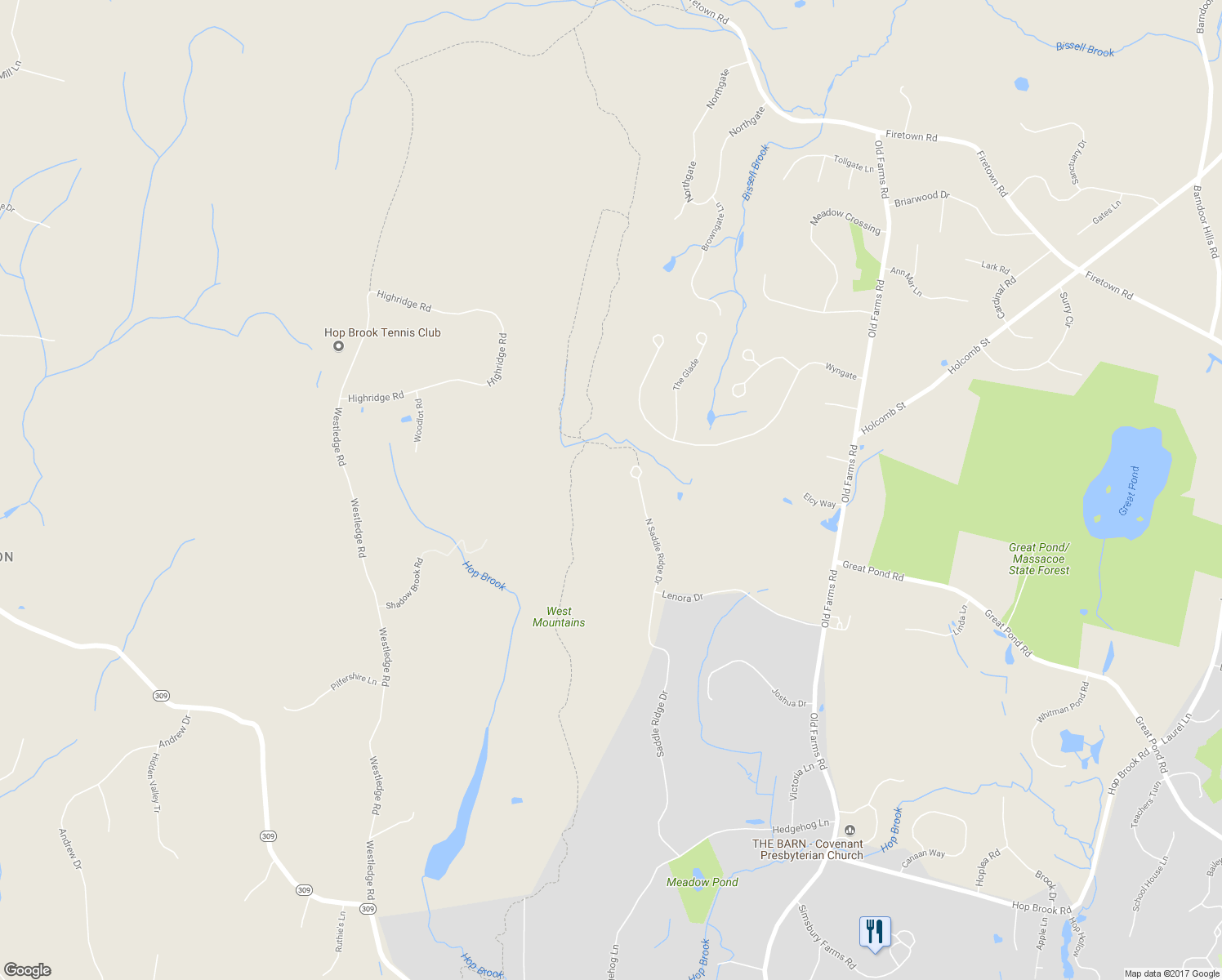 map of restaurants, bars, coffee shops, grocery stores, and more near 119 North Saddle Ridge Drive in Simsbury