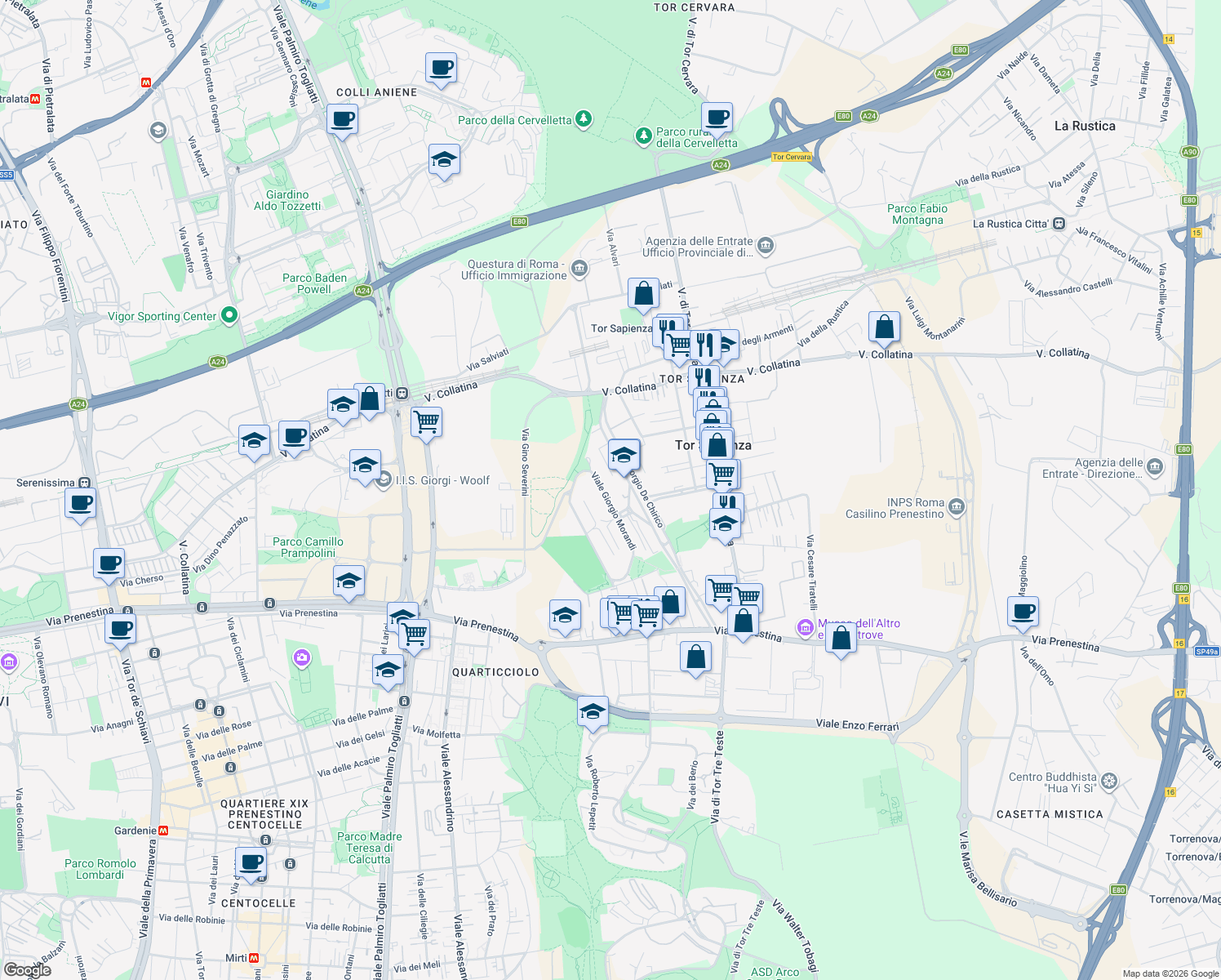 map of restaurants, bars, coffee shops, grocery stores, and more near 191 Viale Giorgio Morandi in Roma