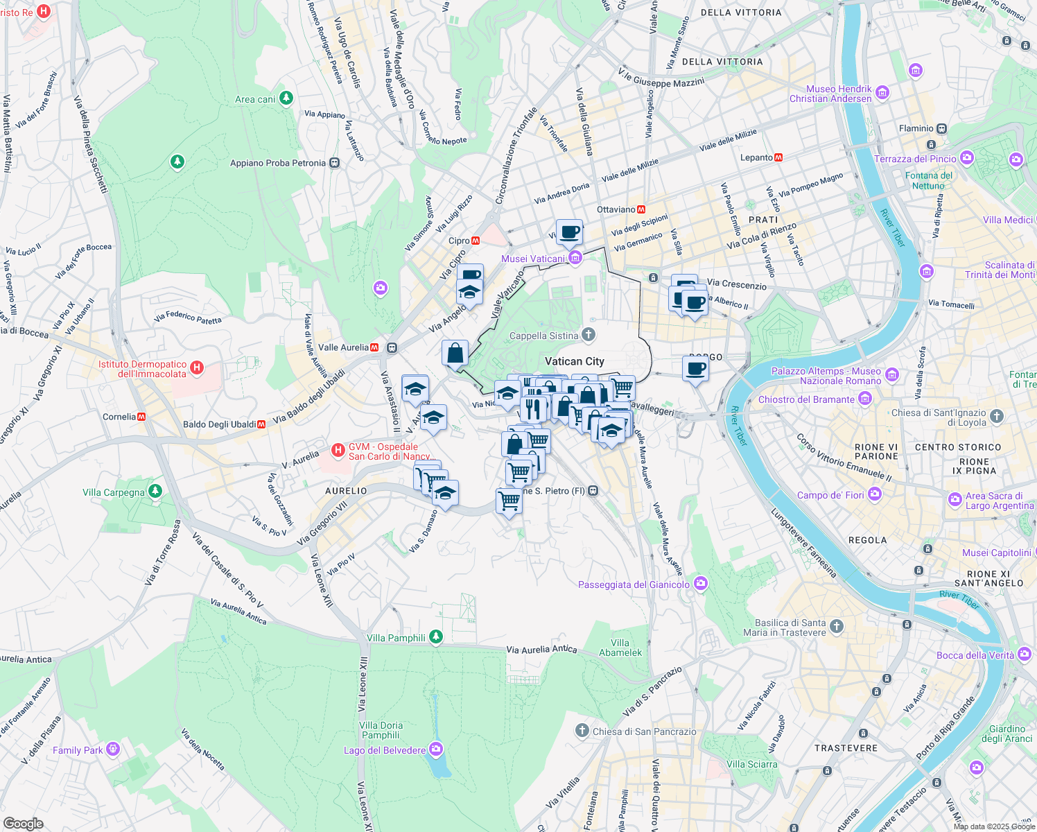 map of restaurants, bars, coffee shops, grocery stores, and more near 113 Via Aurelia in Rome
