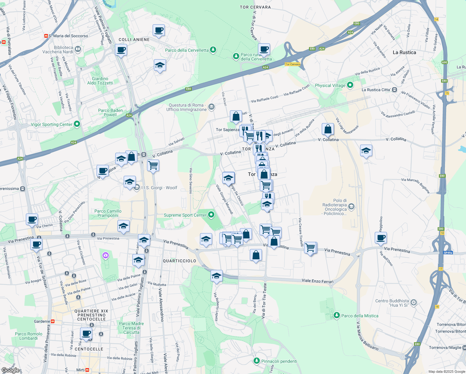 map of restaurants, bars, coffee shops, grocery stores, and more near 124 Viale Giorgio De Chirico in Roma