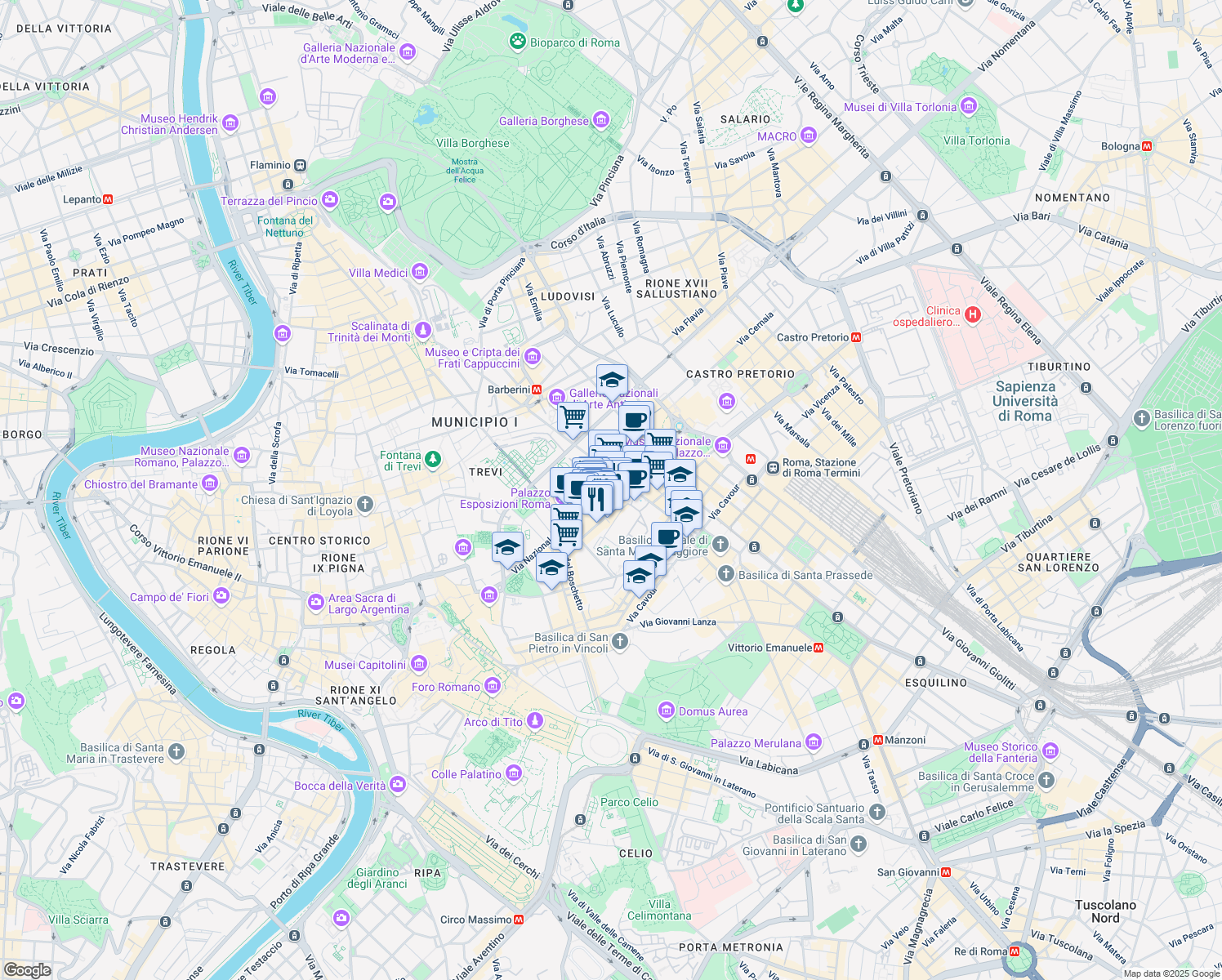 map of restaurants, bars, coffee shops, grocery stores, and more near 16 Via Genova in Roma