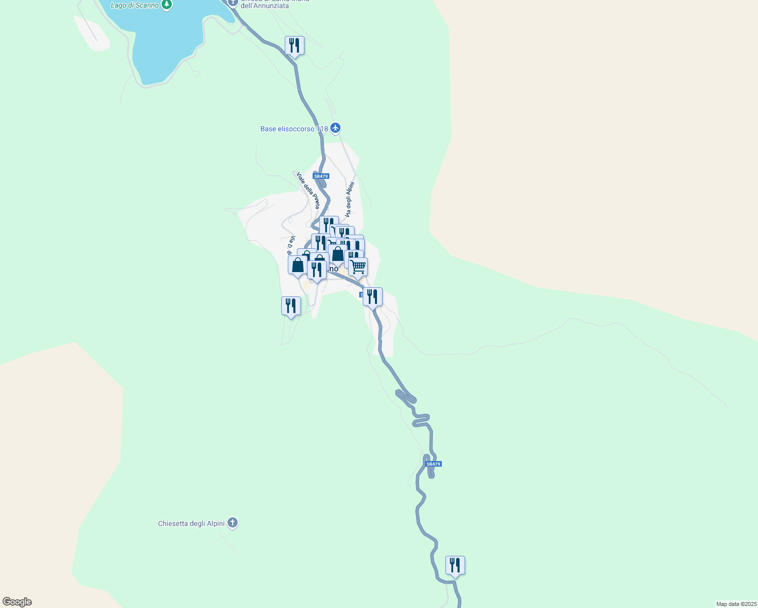 map of restaurants, bars, coffee shops, grocery stores, and more near 60 Viale dei Caduti in Scanno