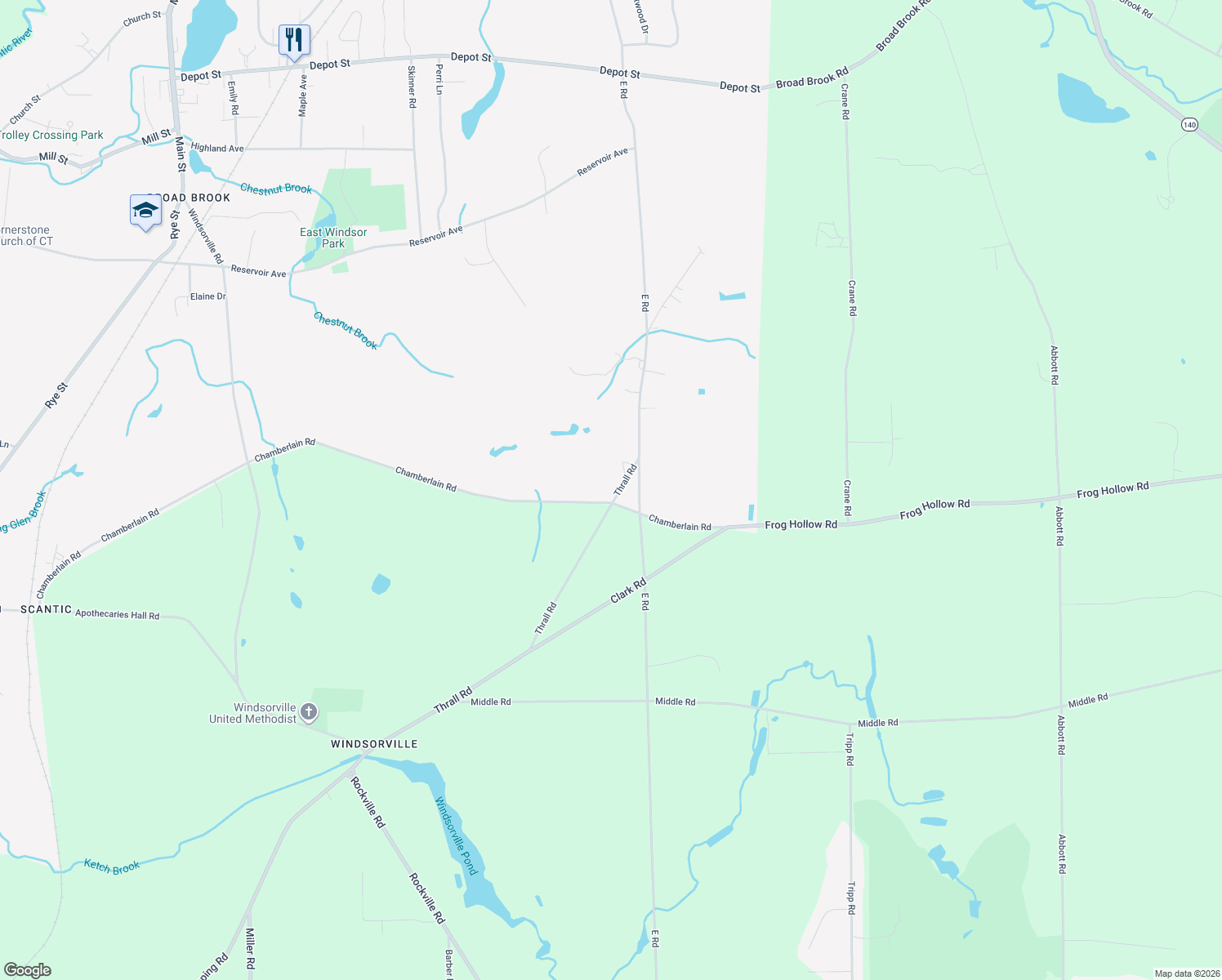 map of restaurants, bars, coffee shops, grocery stores, and more near 109 Thrall Road in East Windsor
