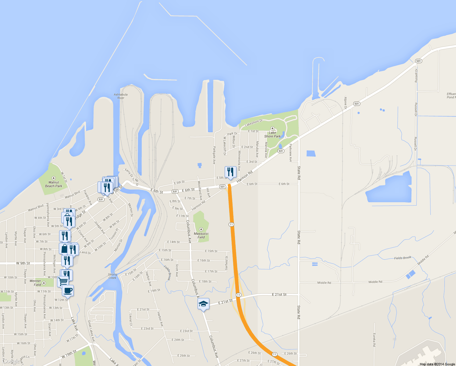 map of restaurants, bars, coffee shops, grocery stores, and more near 1249 E 6th St in Ashtabula