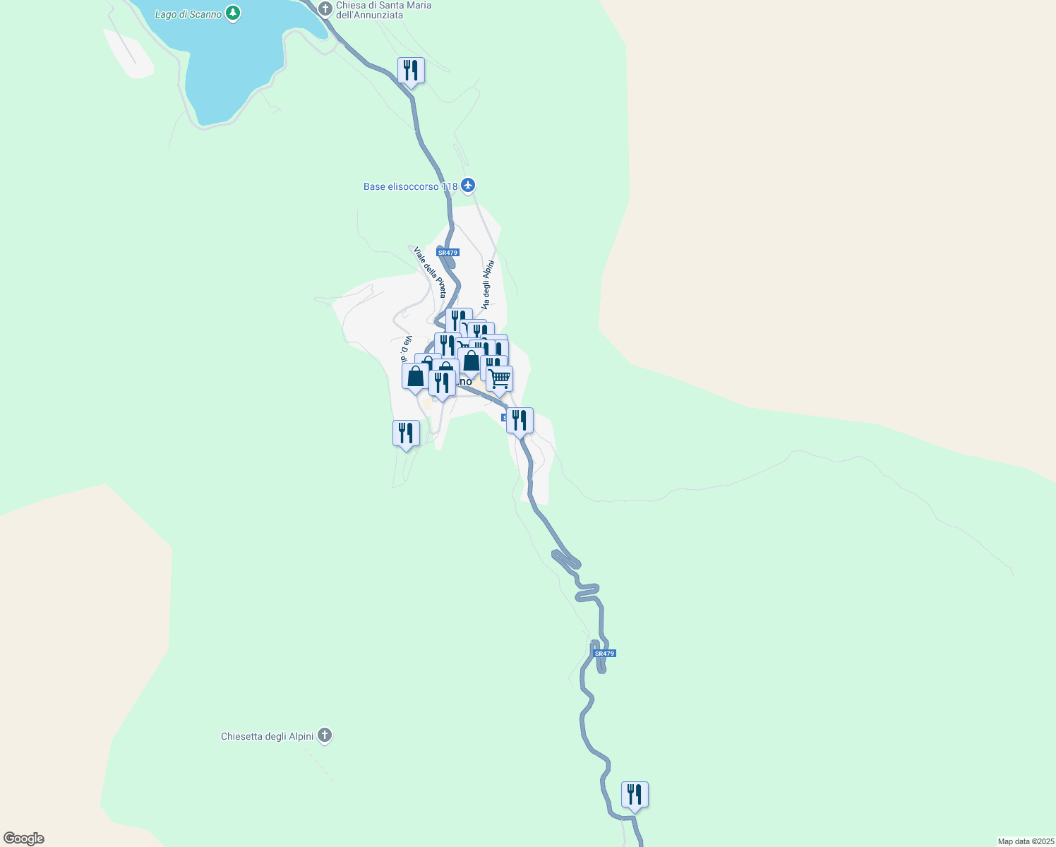 map of restaurants, bars, coffee shops, grocery stores, and more near 60 Viale dei Caduti in Scanno