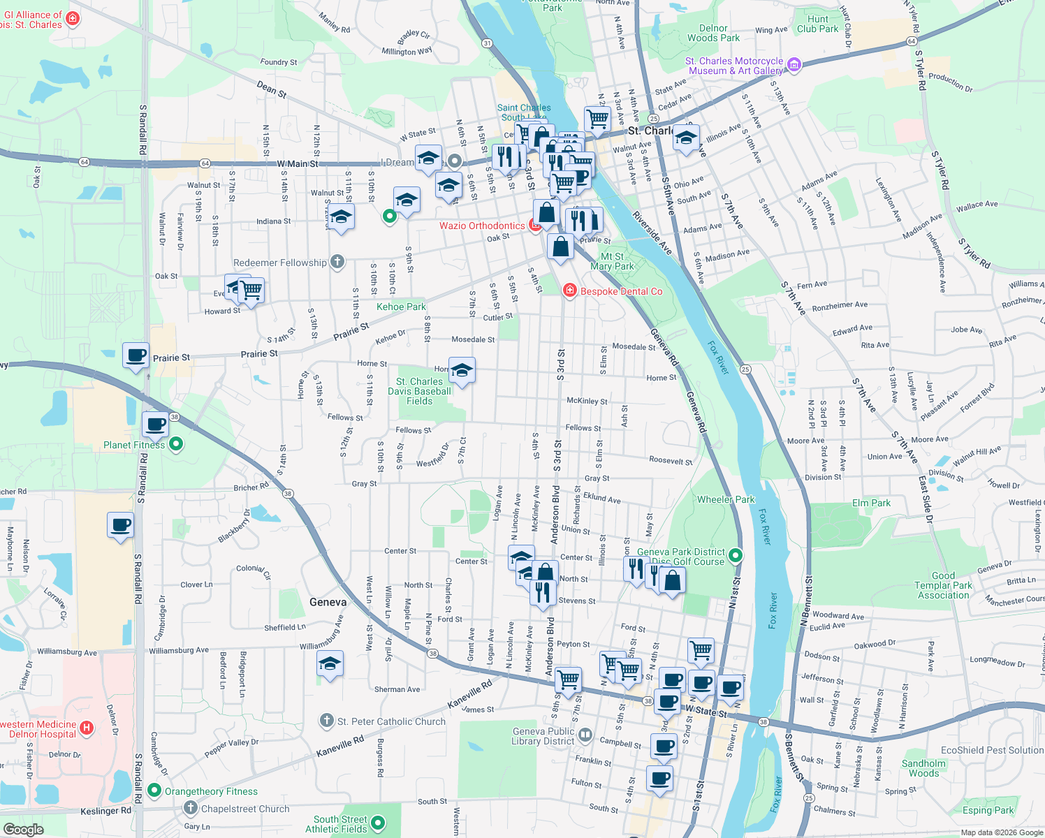 map of restaurants, bars, coffee shops, grocery stores, and more near 416 Fellows St in St Charles