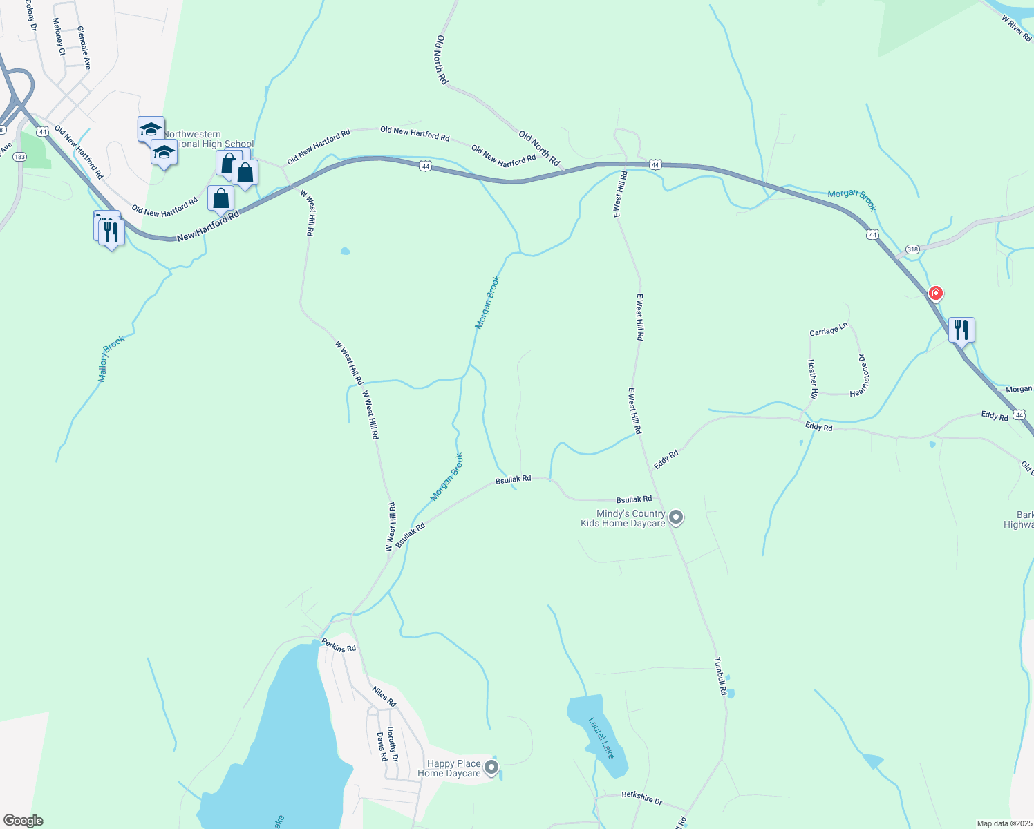 map of restaurants, bars, coffee shops, grocery stores, and more near 52 Hill Farm Way in Barkhamsted