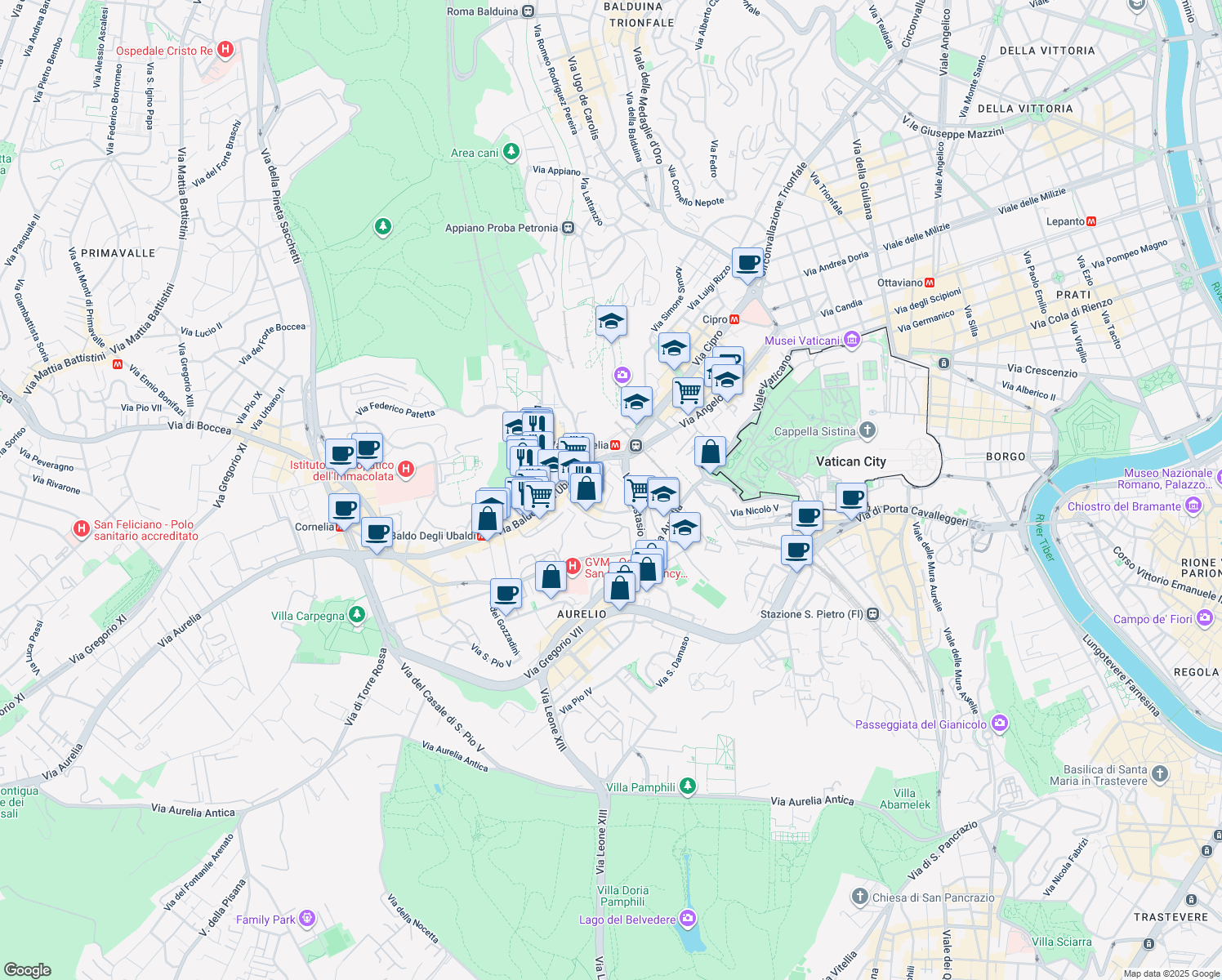 map of restaurants, bars, coffee shops, grocery stores, and more near 35 Via Giannozzo Manetti in Roma