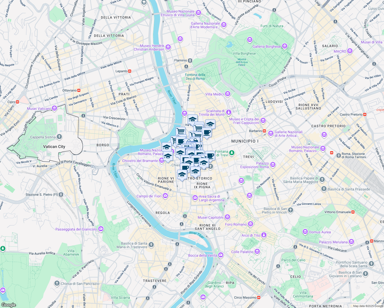 map of restaurants, bars, coffee shops, grocery stores, and more near 1 Vicolo Valdina in Roma