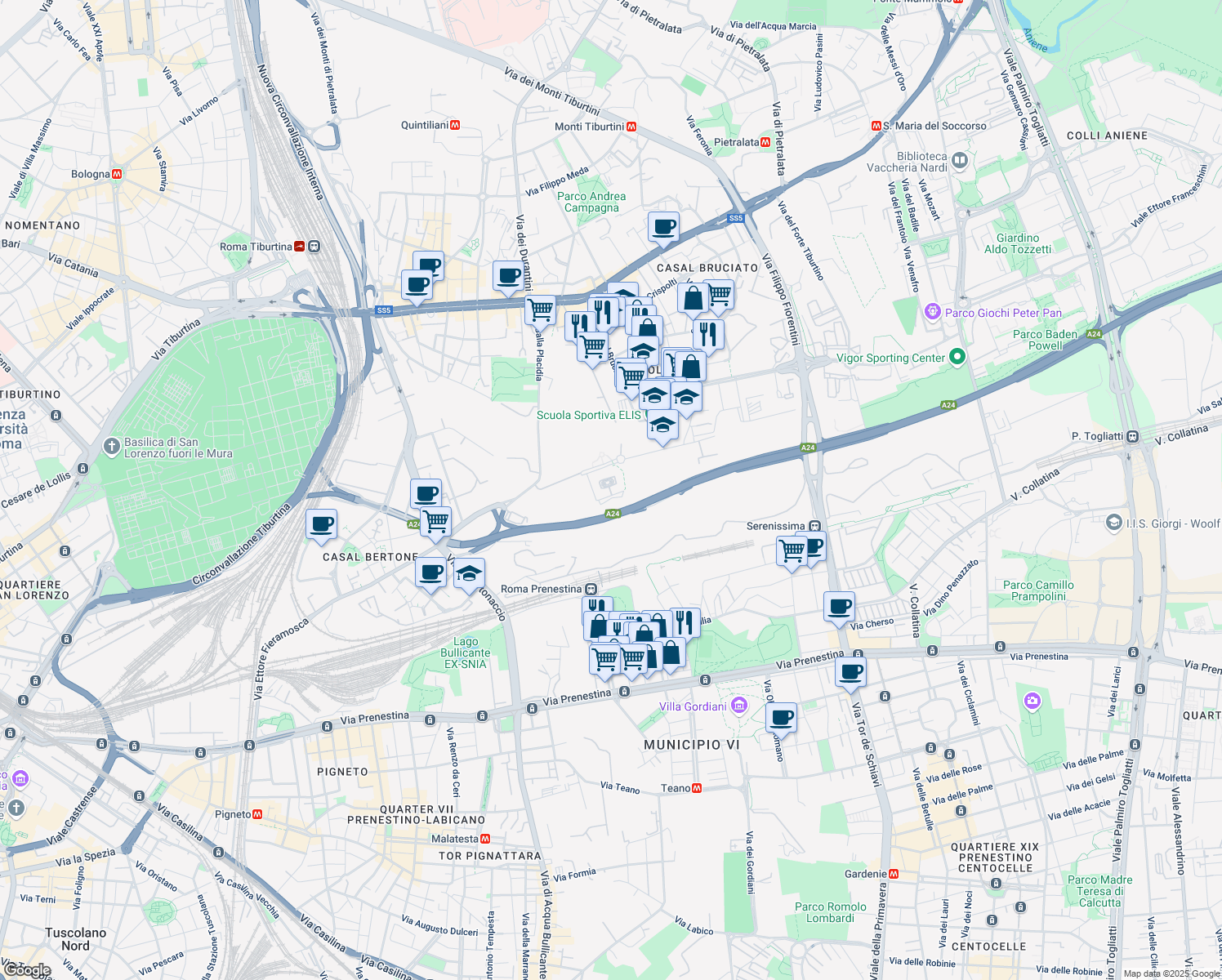 map of restaurants, bars, coffee shops, grocery stores, and more near A24 Penetrazione Urbana in Rome
