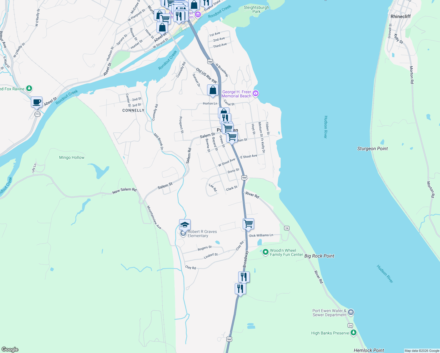 map of restaurants, bars, coffee shops, grocery stores, and more near 247 Bowne Street in Ulster Park