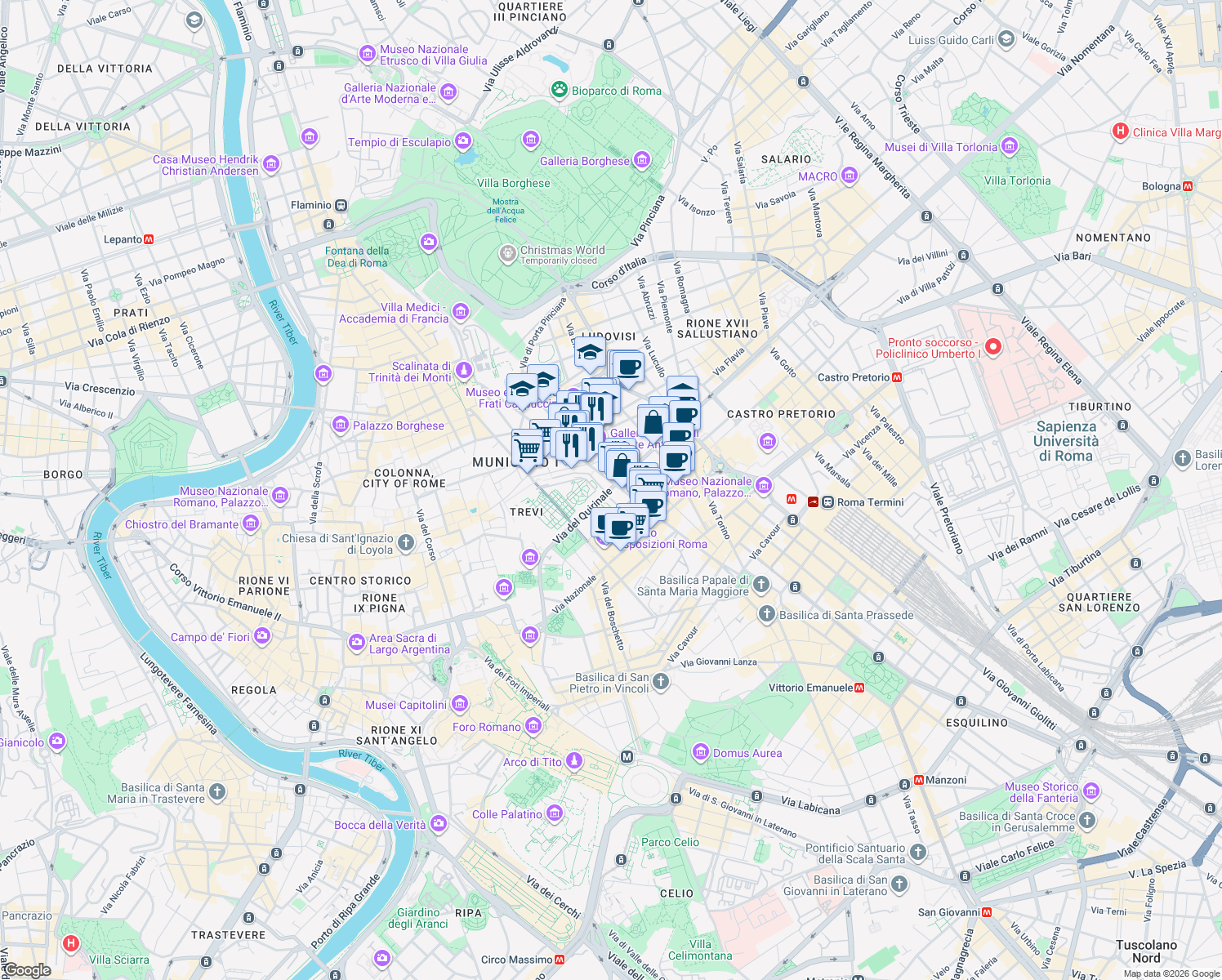 map of restaurants, bars, coffee shops, grocery stores, and more near 23 Via del Quirinale in Roma