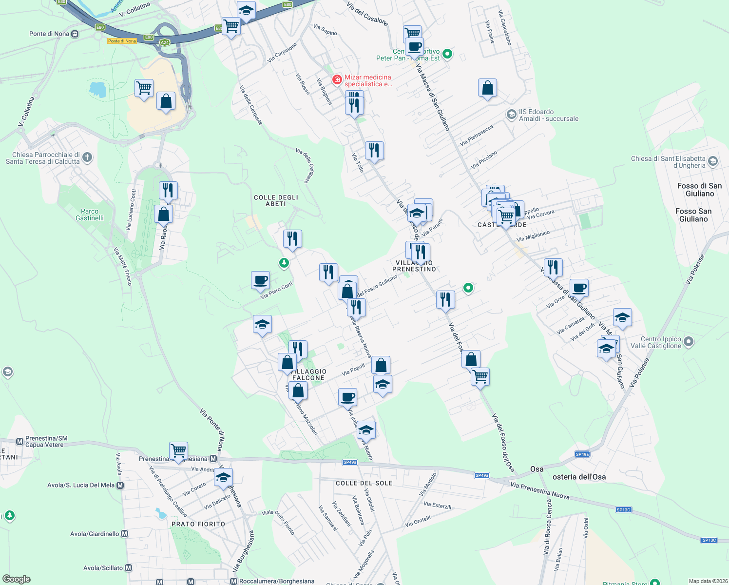 map of restaurants, bars, coffee shops, grocery stores, and more near 14 Via Crecchio in Roma