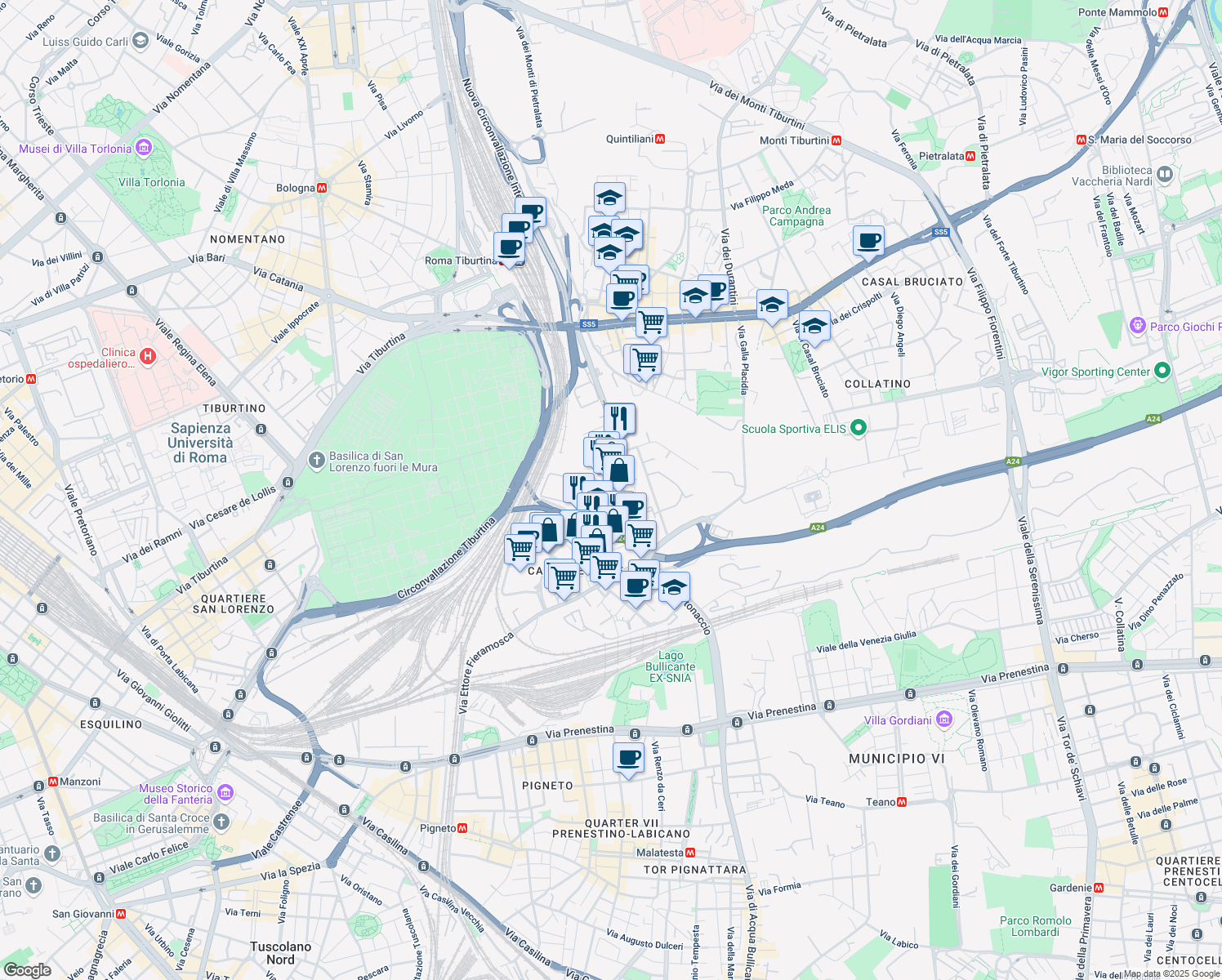 map of restaurants, bars, coffee shops, grocery stores, and more near 30 Via Domenico de Dominicis in Roma
