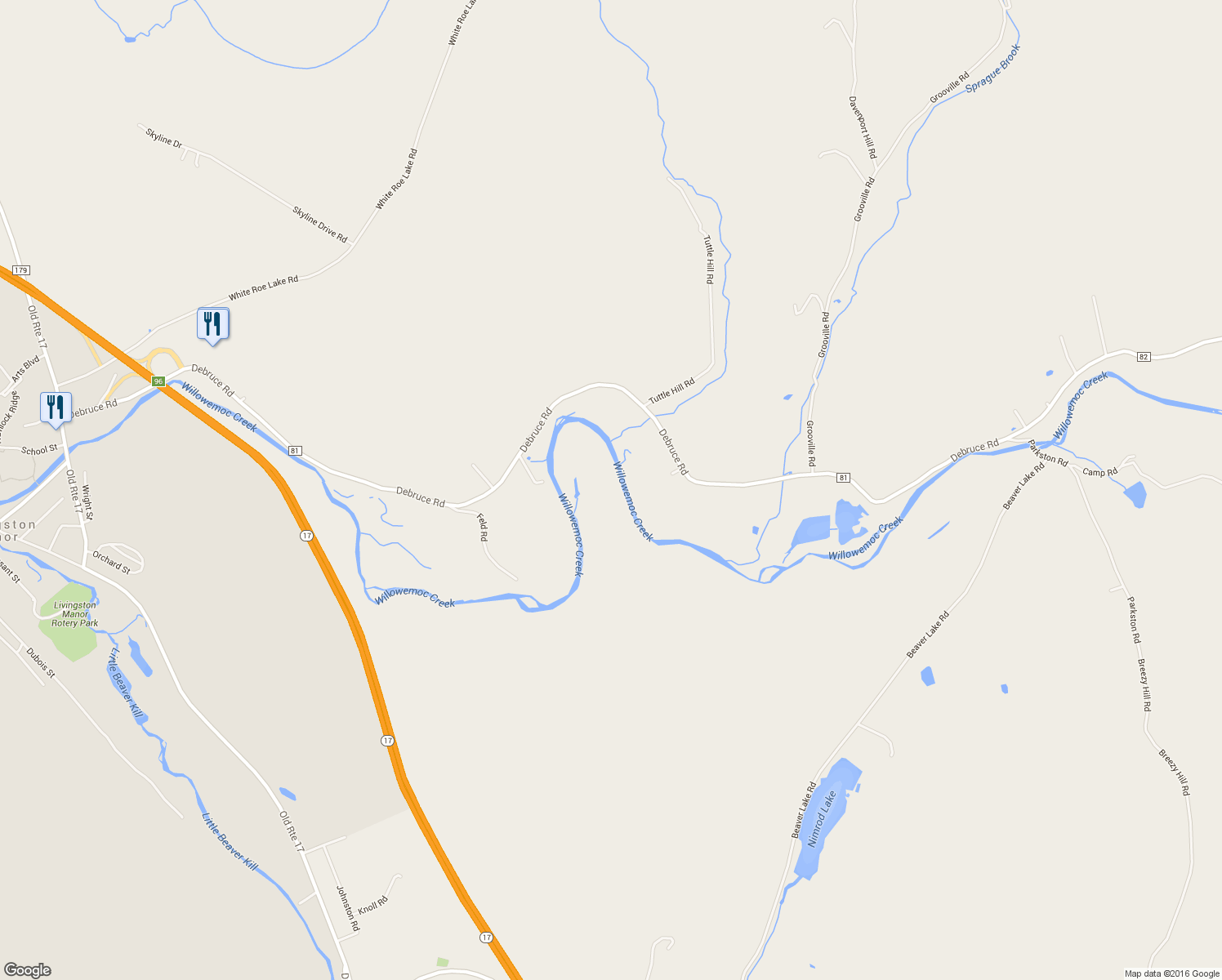 map of restaurants, bars, coffee shops, grocery stores, and more near 408 Debruce Road in Livingston Manor