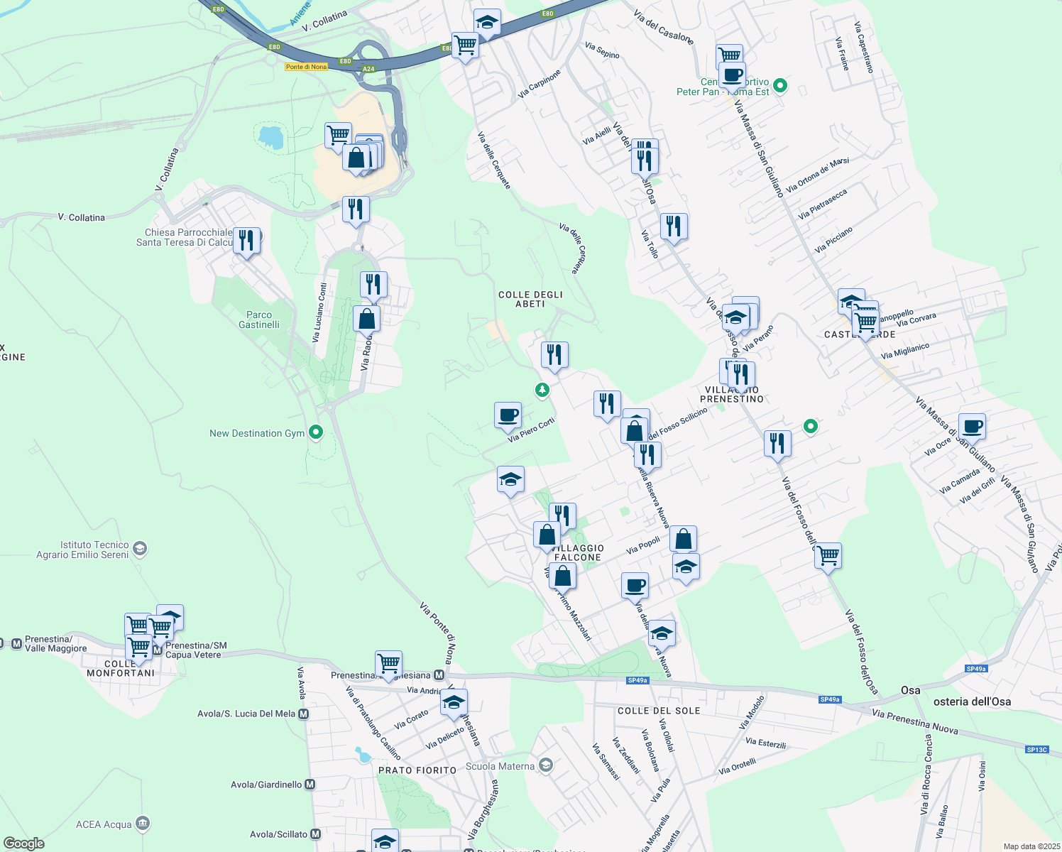 map of restaurants, bars, coffee shops, grocery stores, and more near 61 Via Piero Corti in Roma