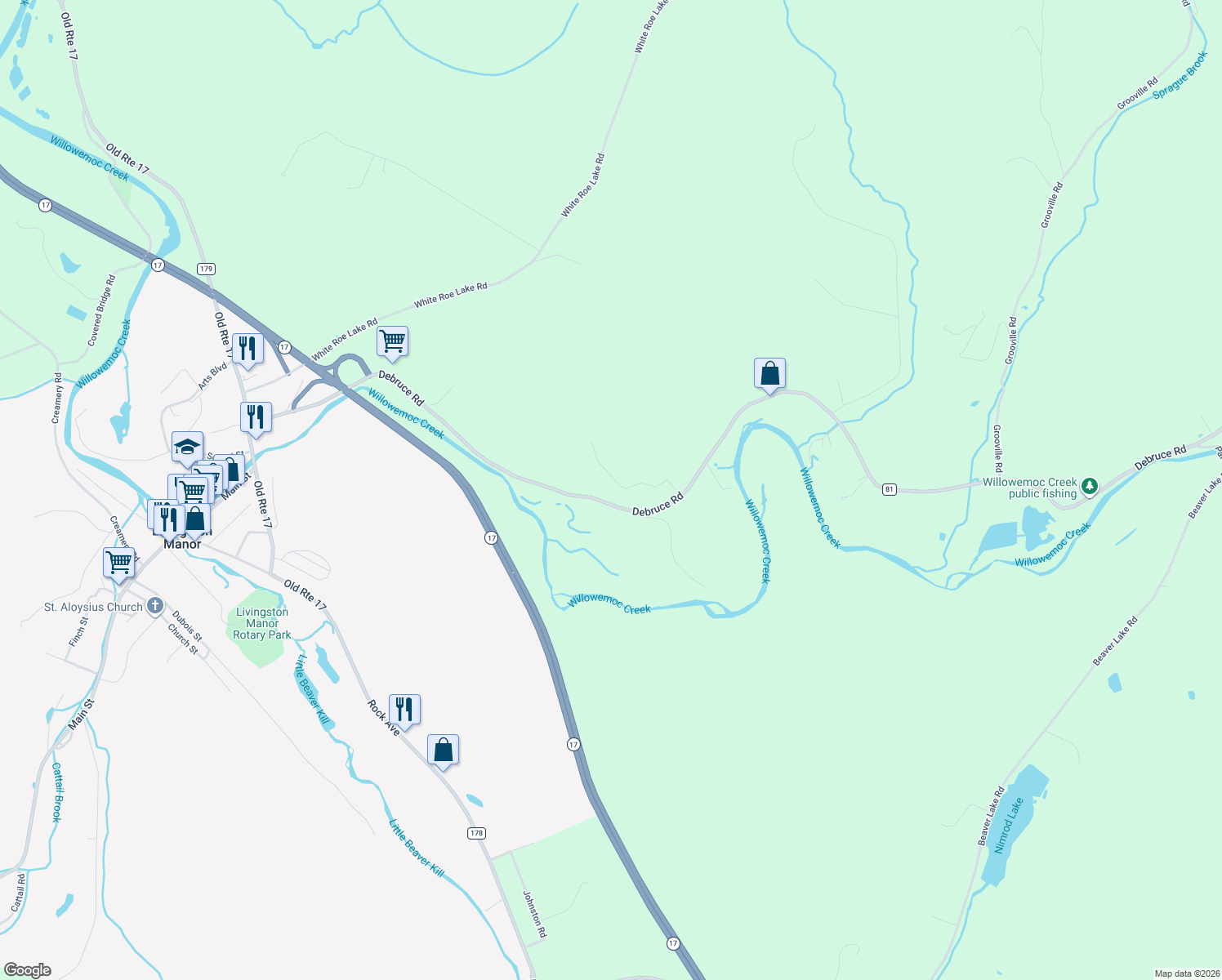 map of restaurants, bars, coffee shops, grocery stores, and more near 213 Debruce Road in Livingston Manor