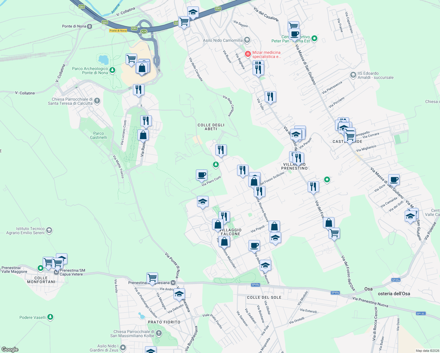 map of restaurants, bars, coffee shops, grocery stores, and more near 100 Via Piero Corti in Città metropolitana di Roma Capitale