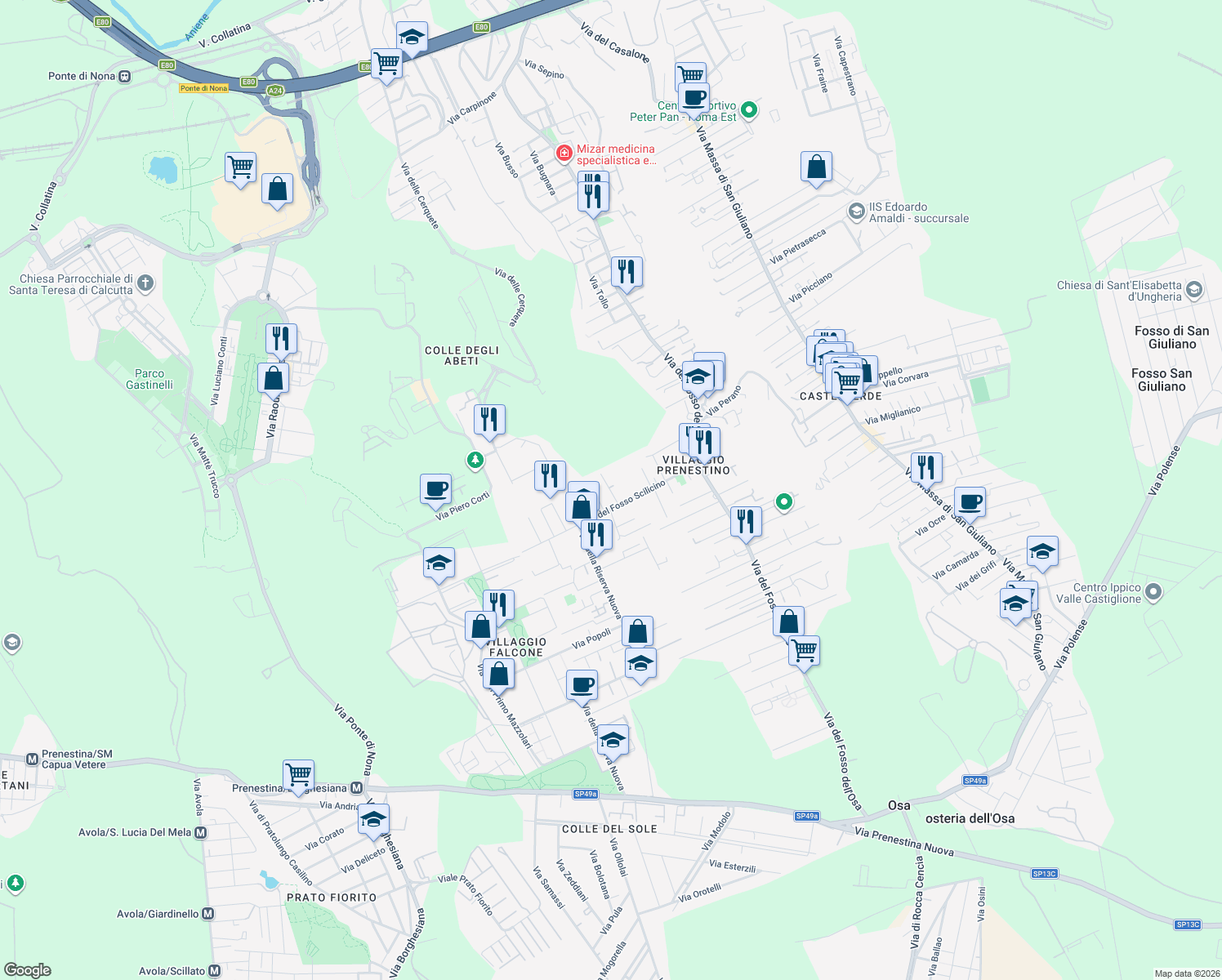 map of restaurants, bars, coffee shops, grocery stores, and more near 14 Via Crecchio in Roma