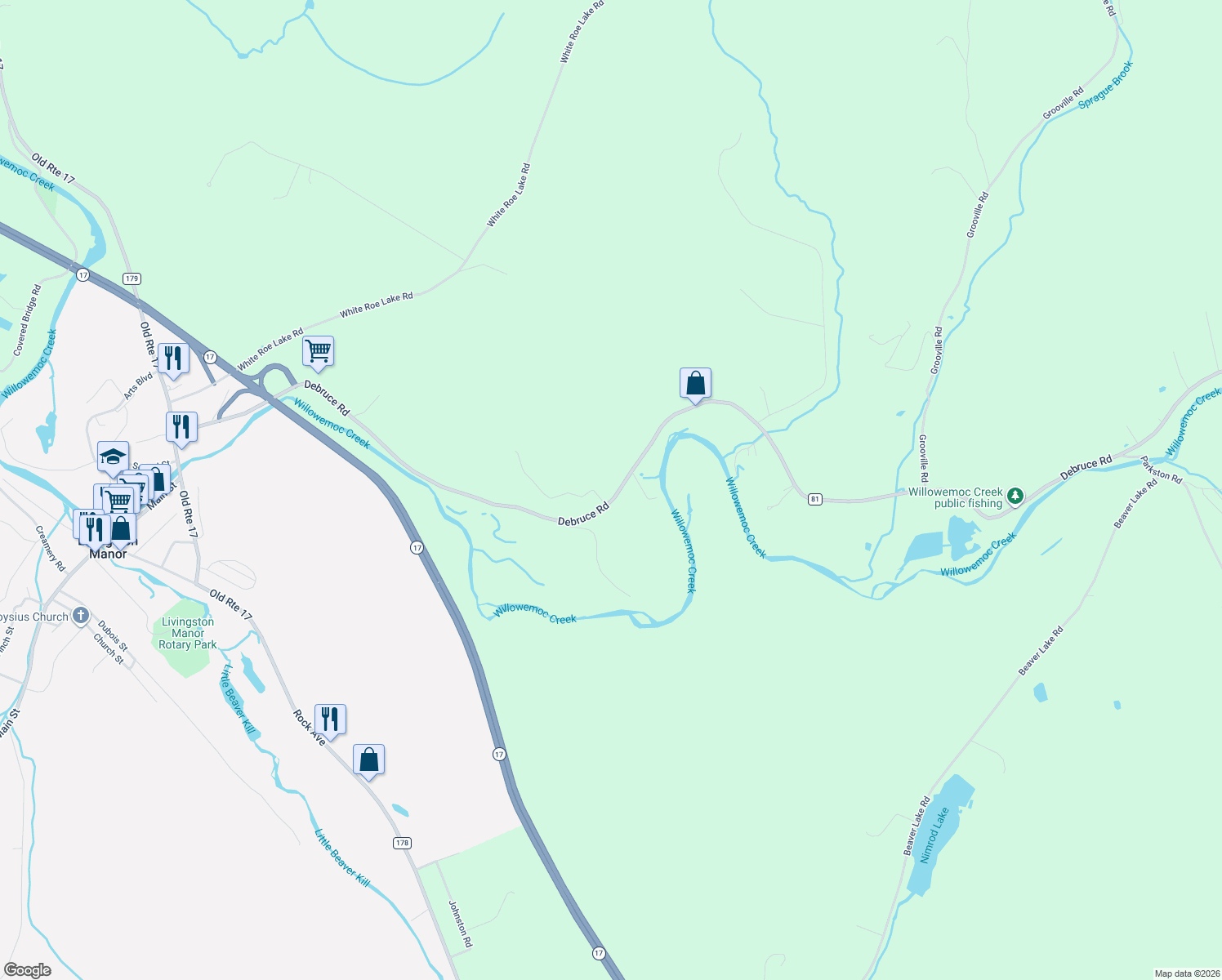 map of restaurants, bars, coffee shops, grocery stores, and more near 287 Debruce Road in Livingston Manor