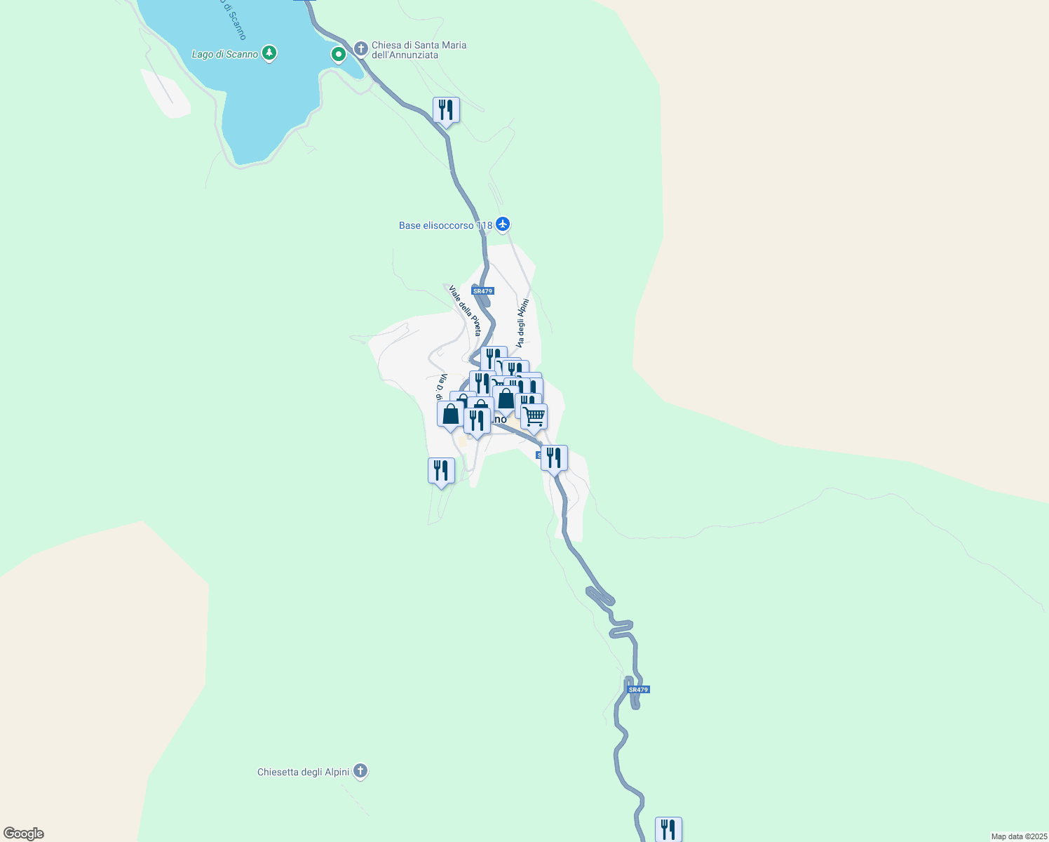 map of restaurants, bars, coffee shops, grocery stores, and more near 43 Strada Silla in Scanno