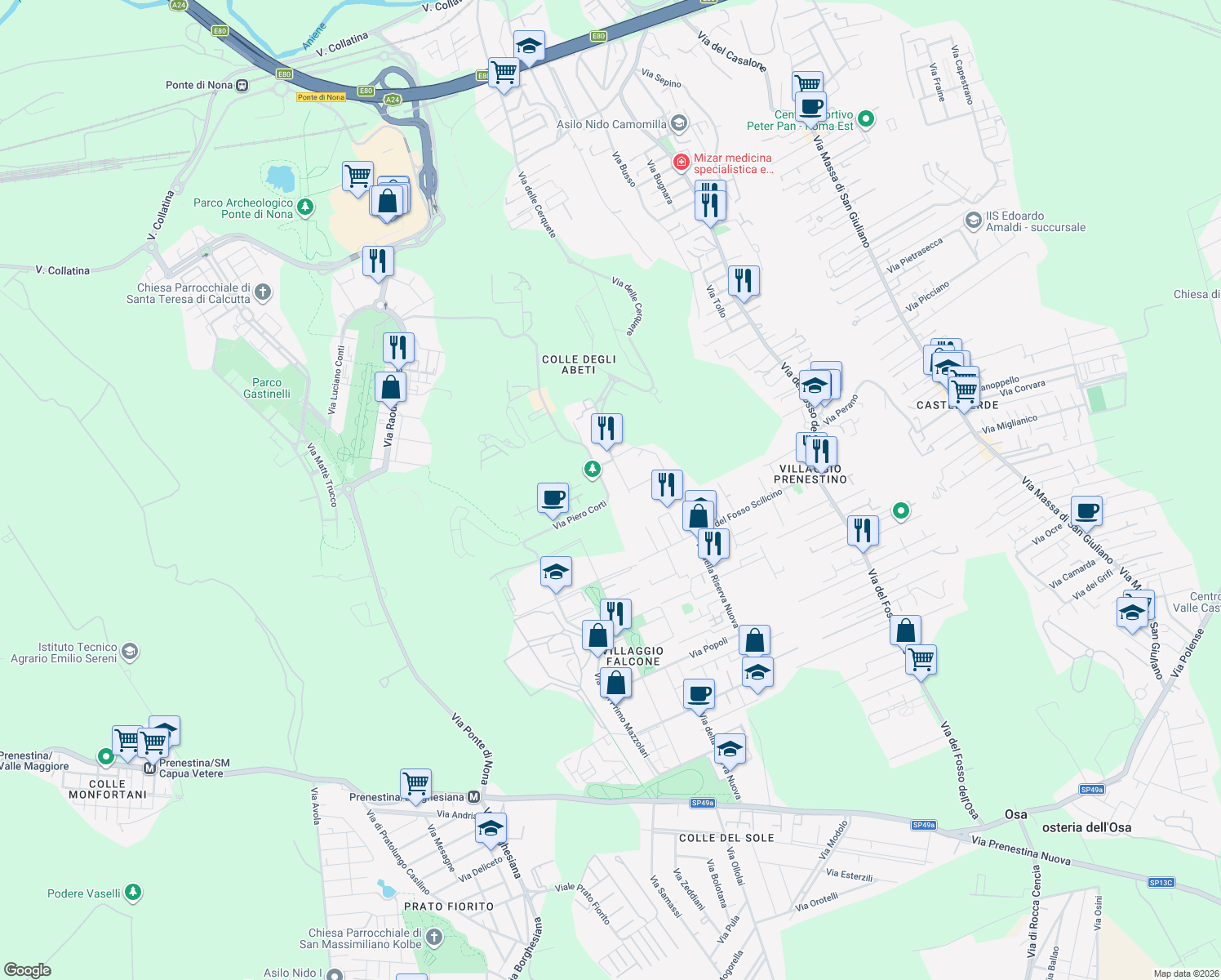 map of restaurants, bars, coffee shops, grocery stores, and more near 100 Via Piero Corti in Città metropolitana di Roma Capitale