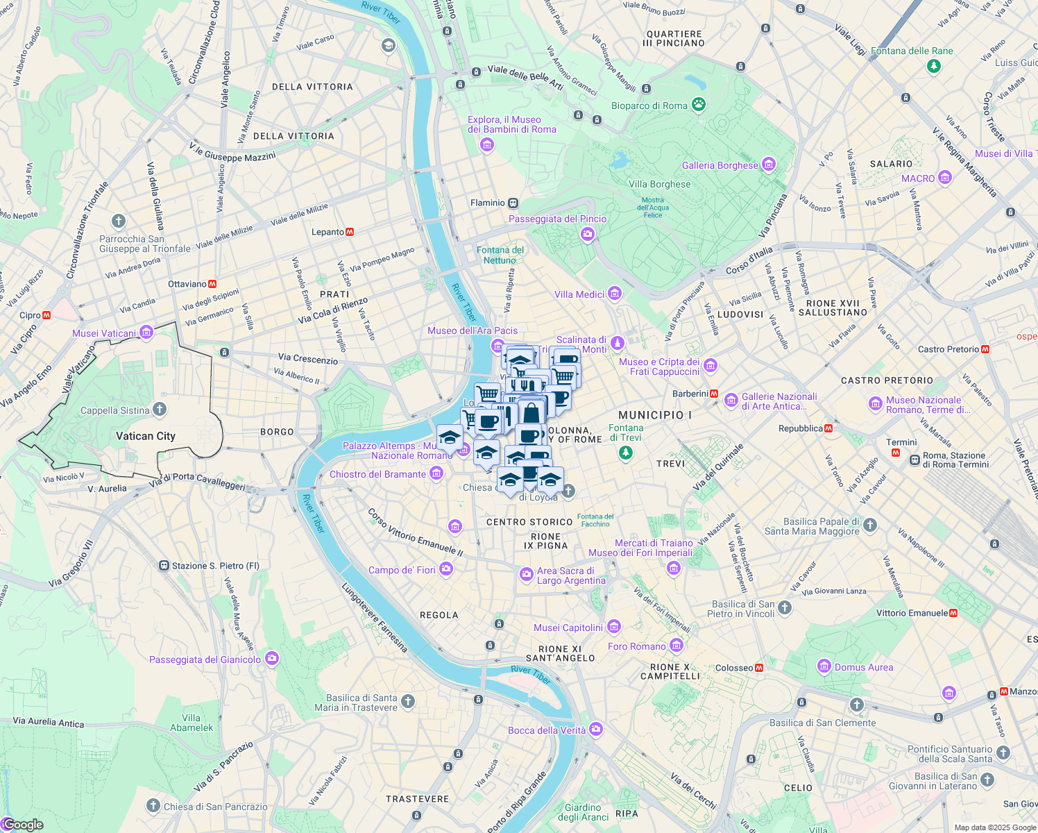 map of restaurants, bars, coffee shops, grocery stores, and more near 1 Vicolo Valdina in Roma