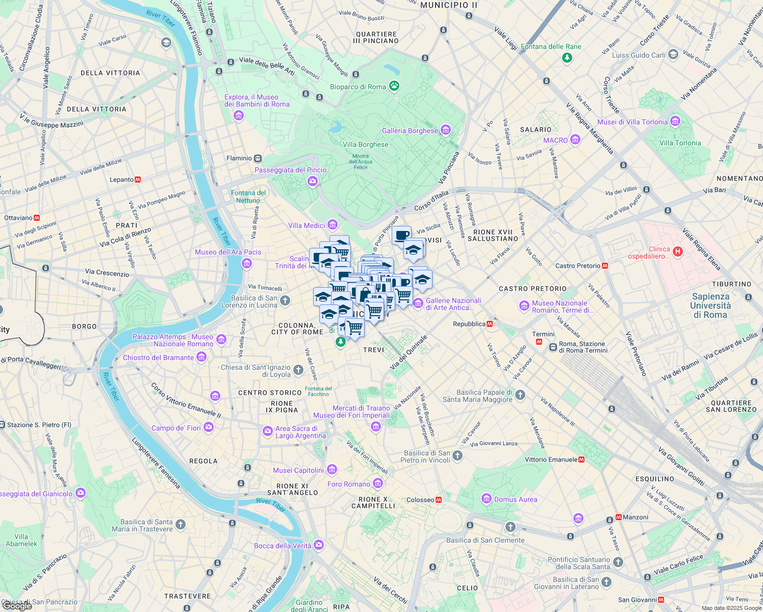 map of restaurants, bars, coffee shops, grocery stores, and more near 19 Via Francesco Crispi in Rome