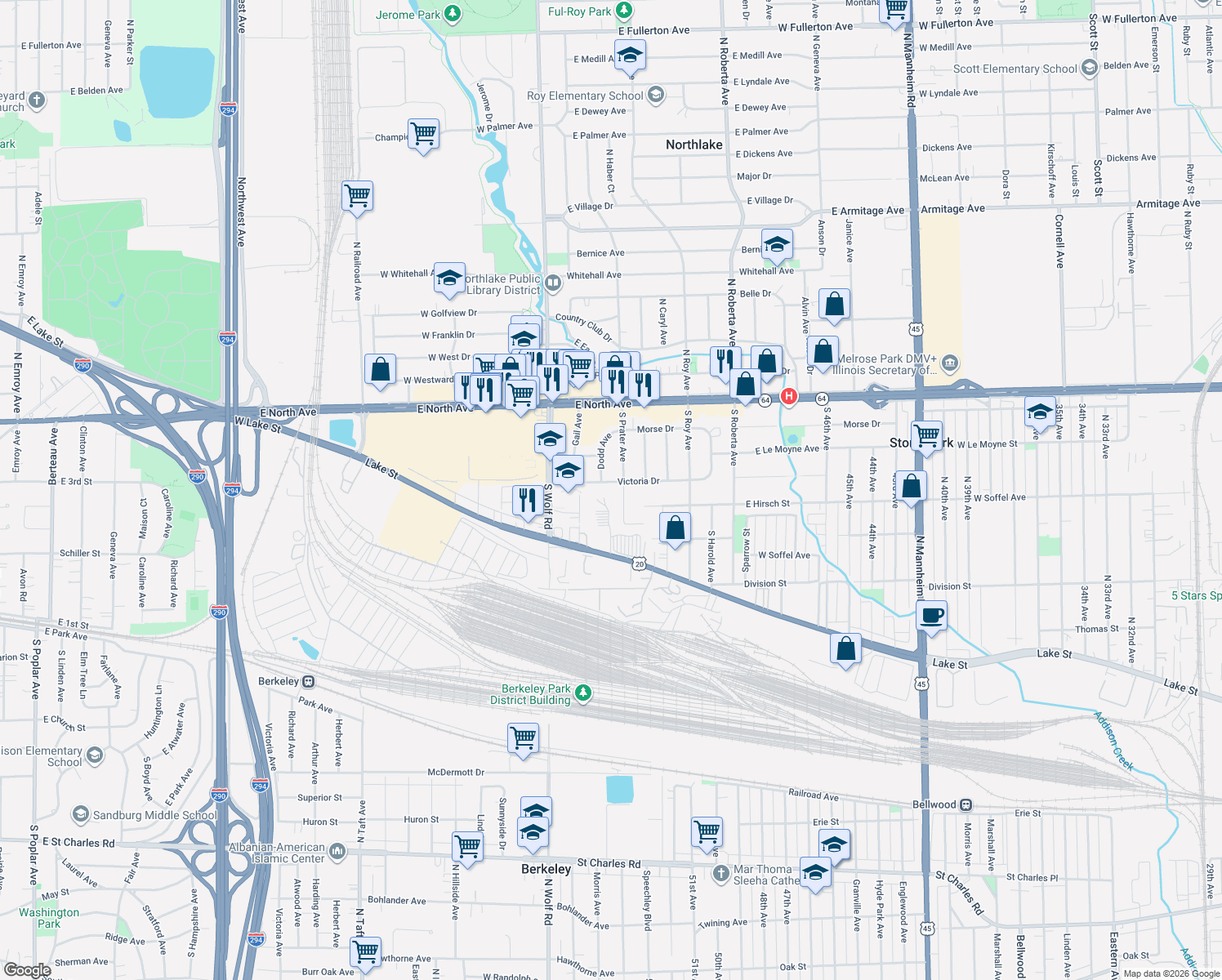 map of restaurants, bars, coffee shops, grocery stores, and more near 59 Victoria Drive in Northlake