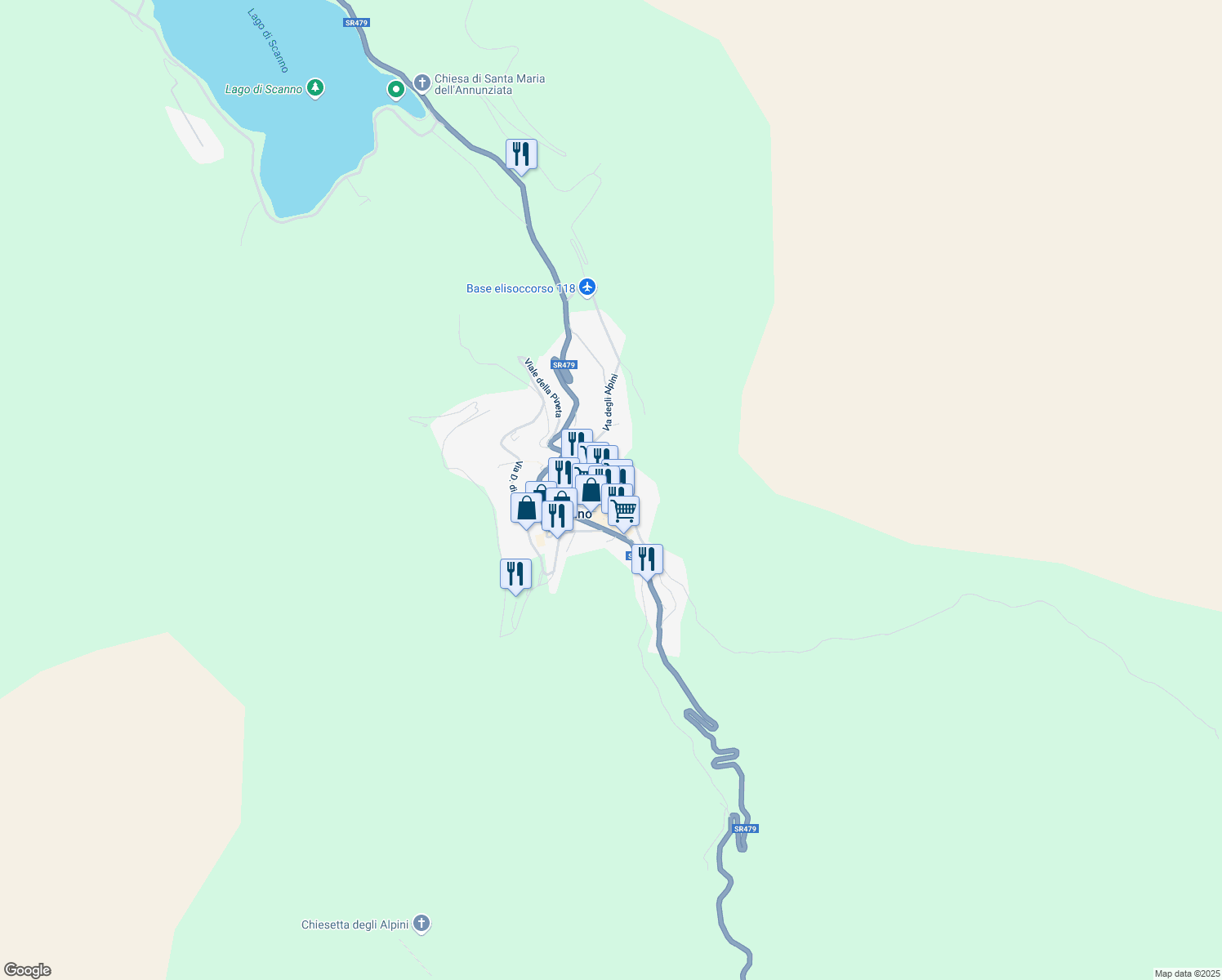 map of restaurants, bars, coffee shops, grocery stores, and more near 43 Strada Silla in Scanno