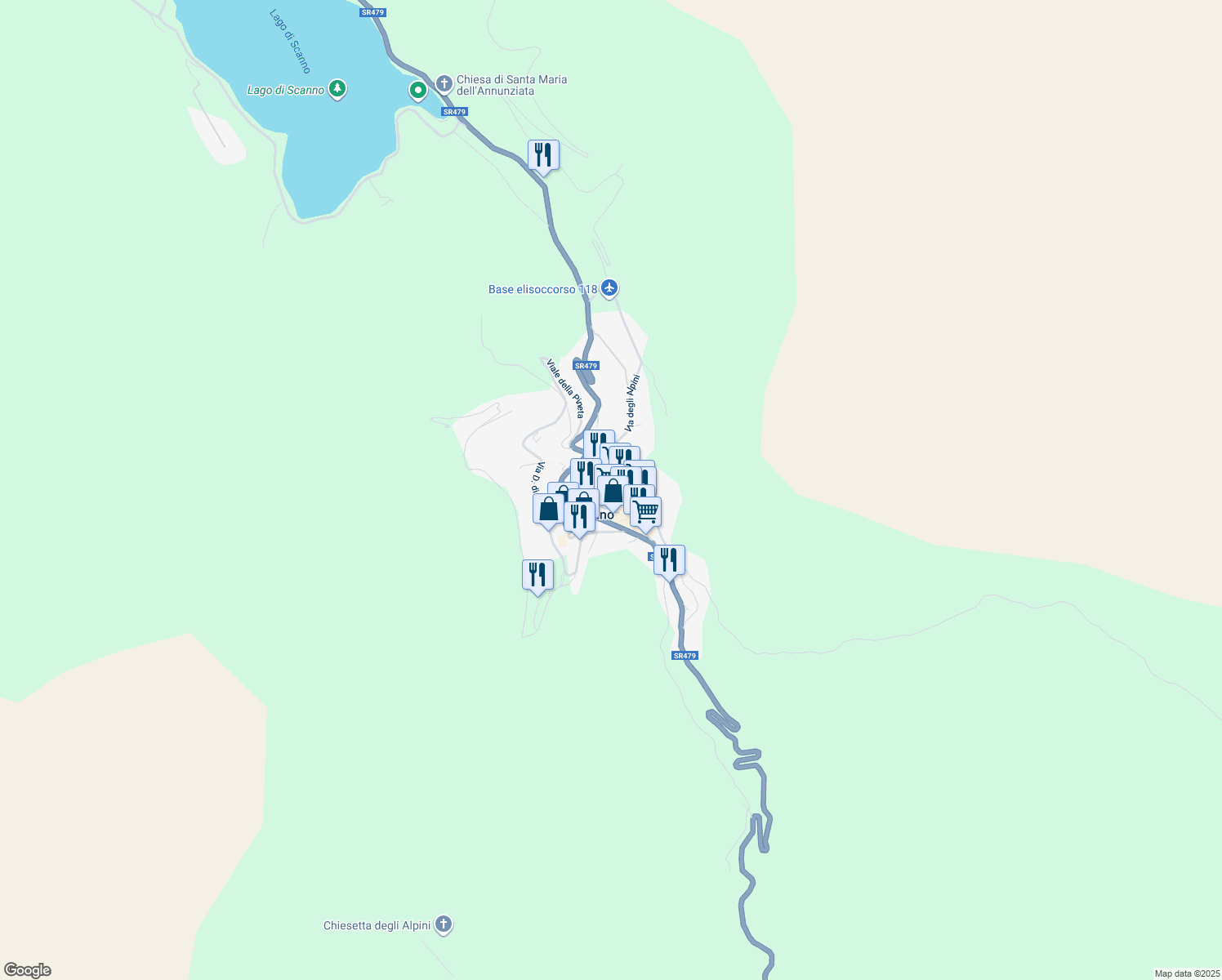 map of restaurants, bars, coffee shops, grocery stores, and more near 24 Strada dei Pescatori in Scanno
