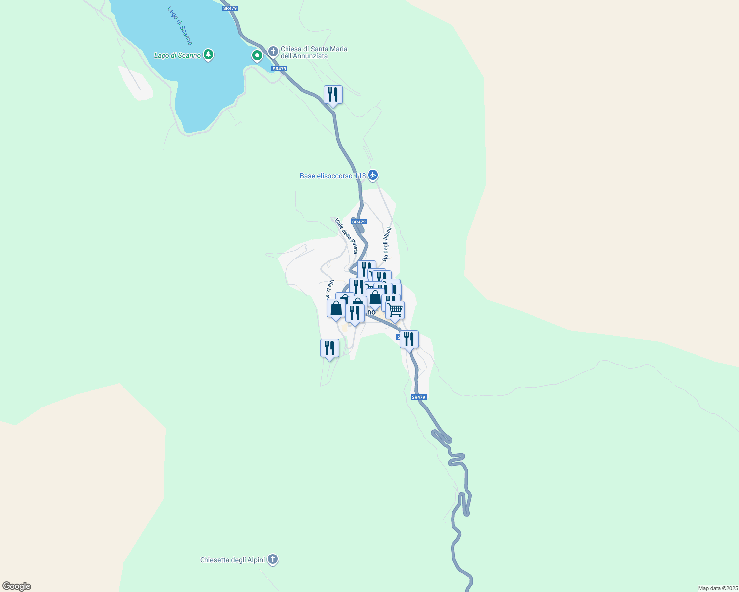 map of restaurants, bars, coffee shops, grocery stores, and more near 74 Via degli Alpini in Scanno