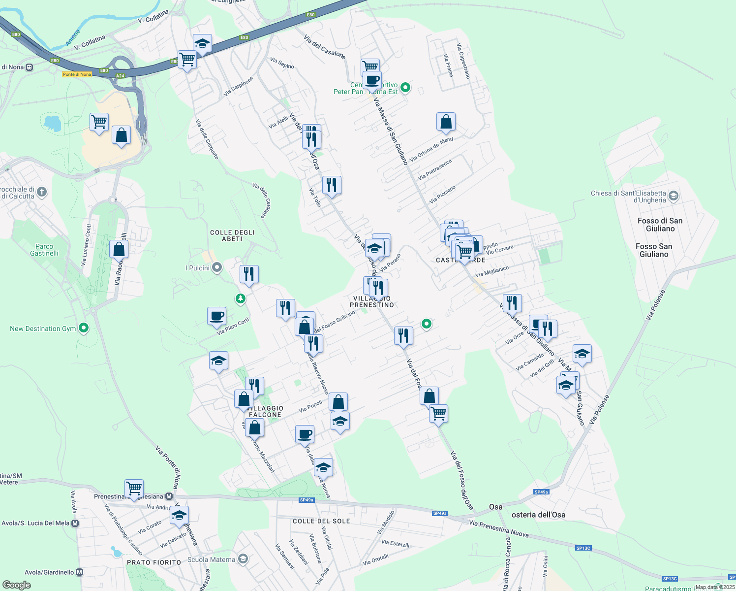 map of restaurants, bars, coffee shops, grocery stores, and more near 401 Via del Fosso dell'Osa in Roma