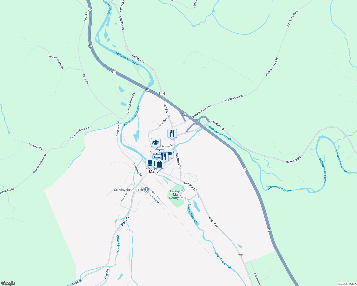 map of restaurants, bars, coffee shops, grocery stores, and more near 630 Old Route 17 in Livingston Manor