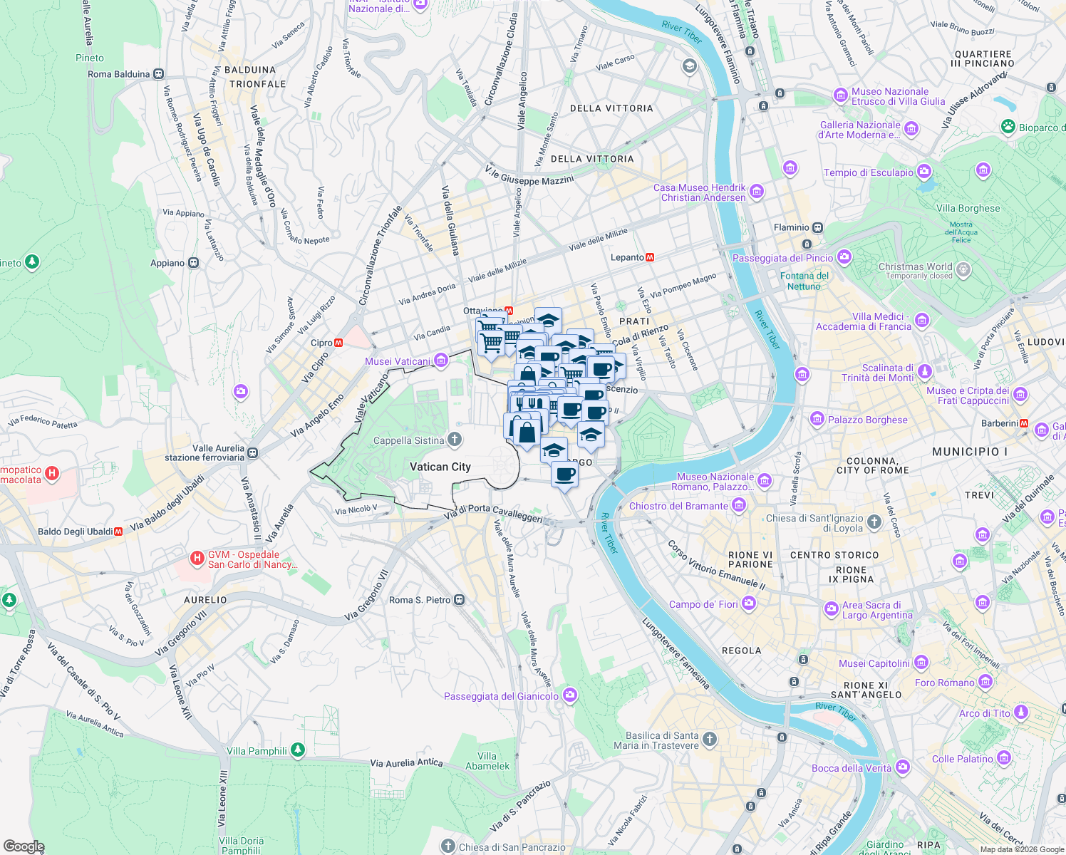 map of restaurants, bars, coffee shops, grocery stores, and more near 130 Borgo Pio in Roma