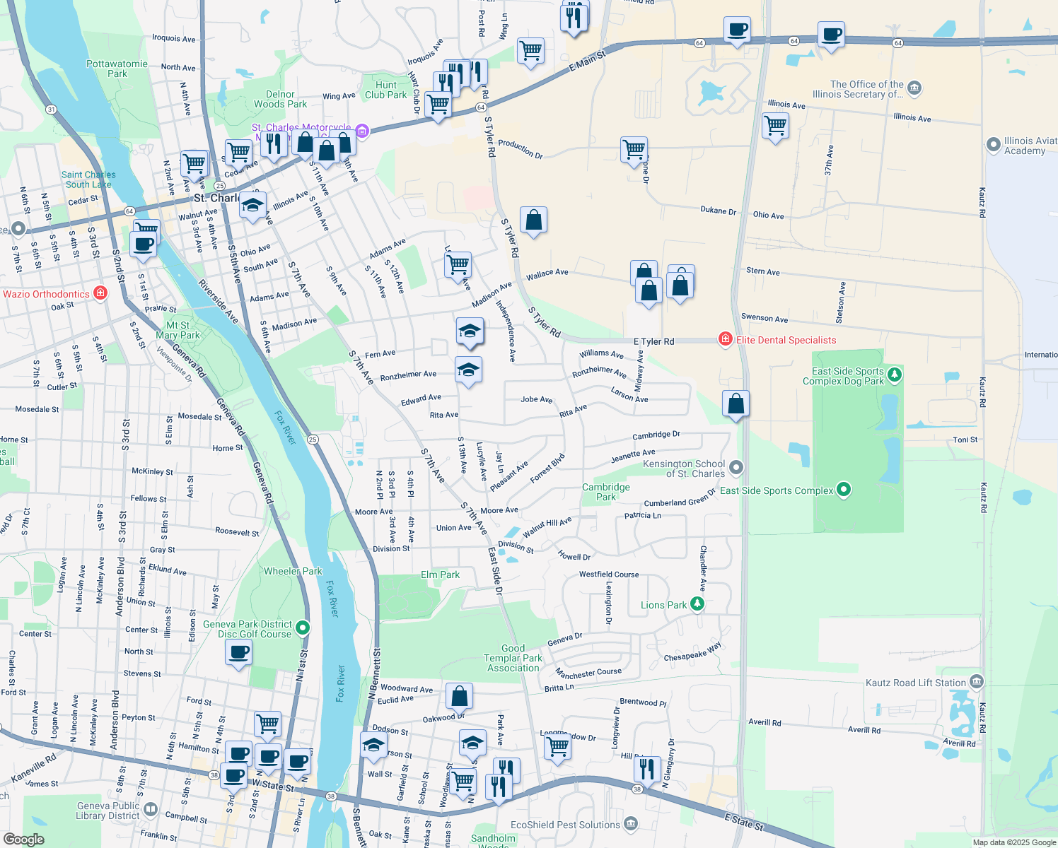 map of restaurants, bars, coffee shops, grocery stores, and more near 1521 Rita Avenue in St. Charles