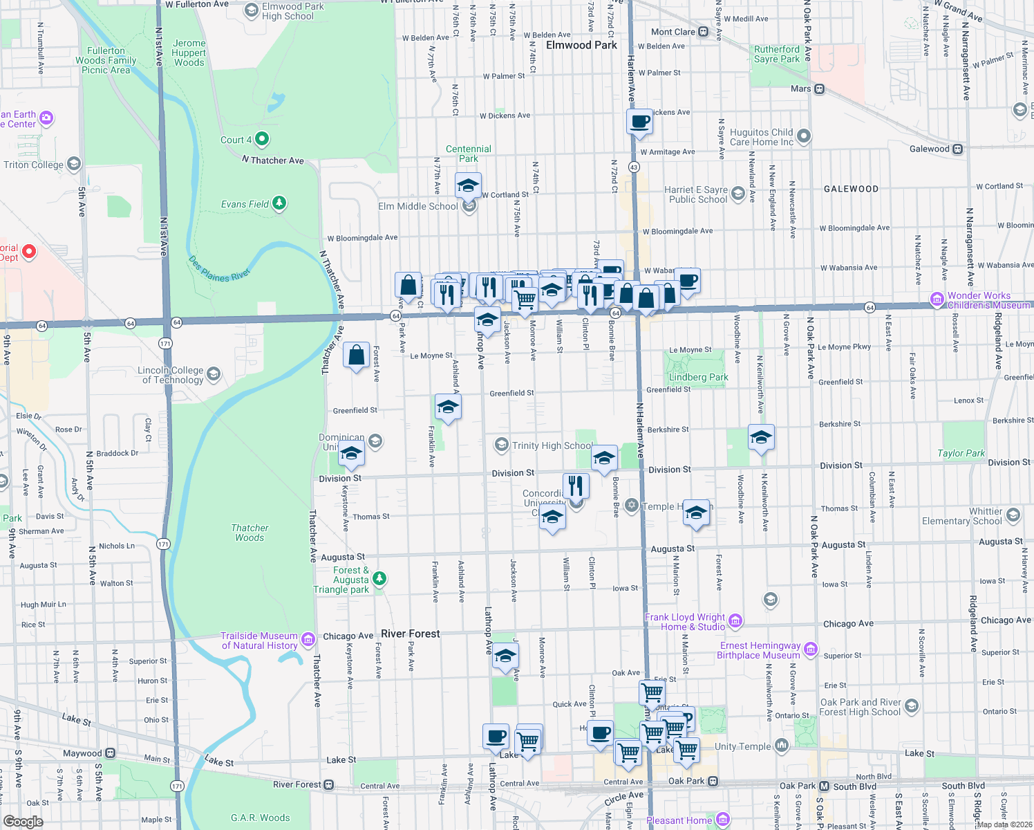 map of restaurants, bars, coffee shops, grocery stores, and more near 1323 Jackson Avenue in River Forest