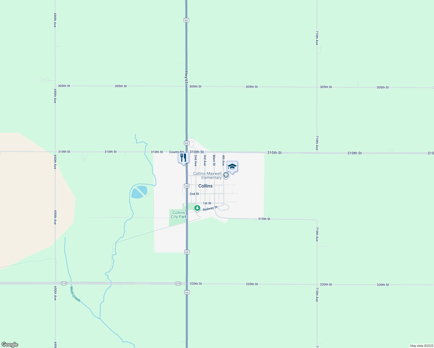 map of restaurants, bars, coffee shops, grocery stores, and more near 311 4th St in Collins