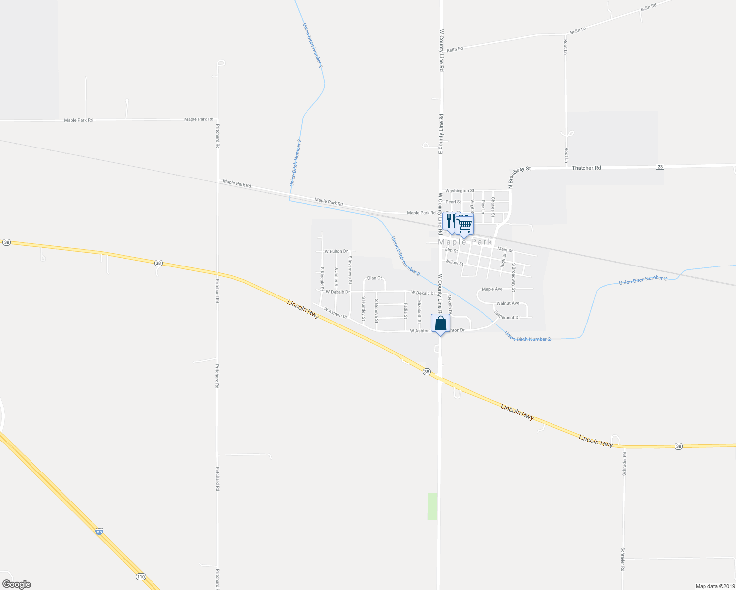 map of restaurants, bars, coffee shops, grocery stores, and more near 408 South Huntley Street in Maple Park
