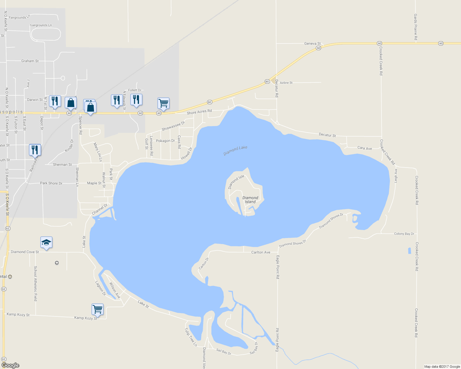 map of restaurants, bars, coffee shops, grocery stores, and more near 97 Diamond Isle in Cassopolis