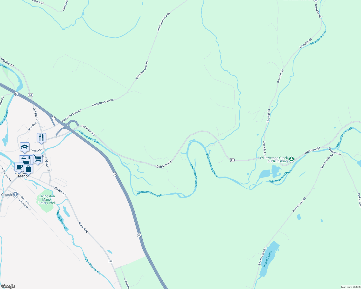 map of restaurants, bars, coffee shops, grocery stores, and more near 309 Debruce Road in Livingston Manor