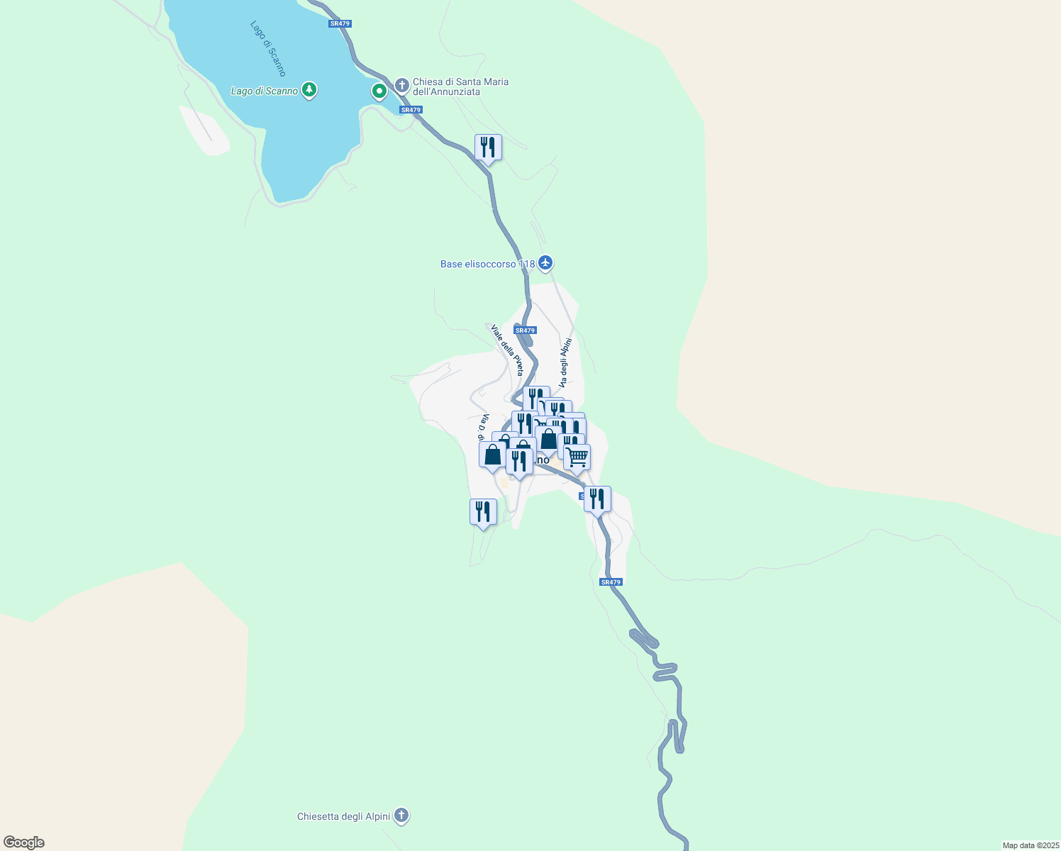 map of restaurants, bars, coffee shops, grocery stores, and more near 74 Via degli Alpini in Scanno