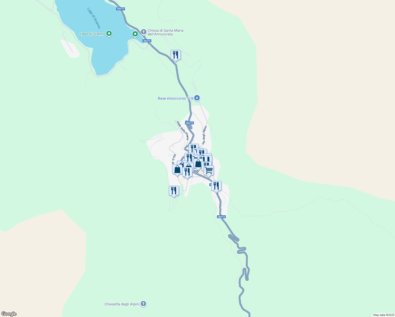 map of restaurants, bars, coffee shops, grocery stores, and more near 24 Strada dei Pescatori in Scanno