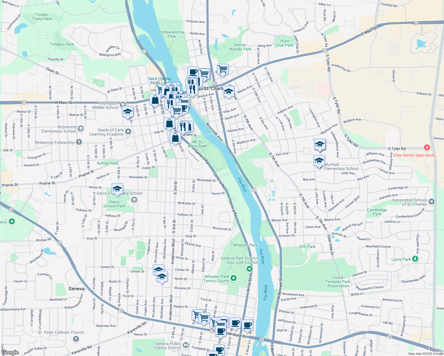 map of restaurants, bars, coffee shops, grocery stores, and more near 1000 Geneva Road in St. Charles